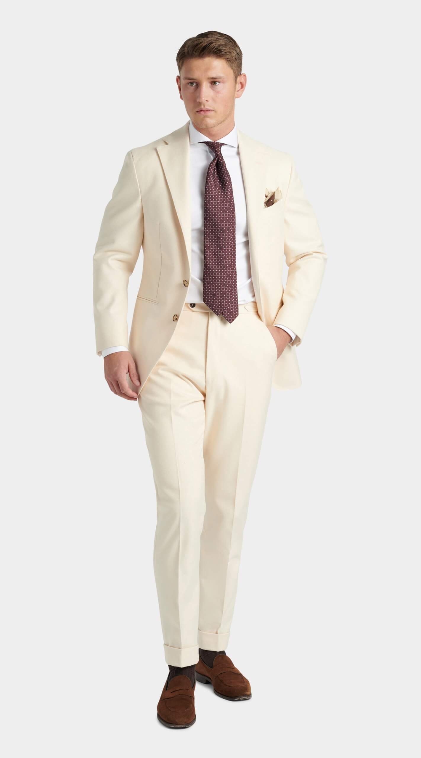 Custom made cream herringbone wedding suit