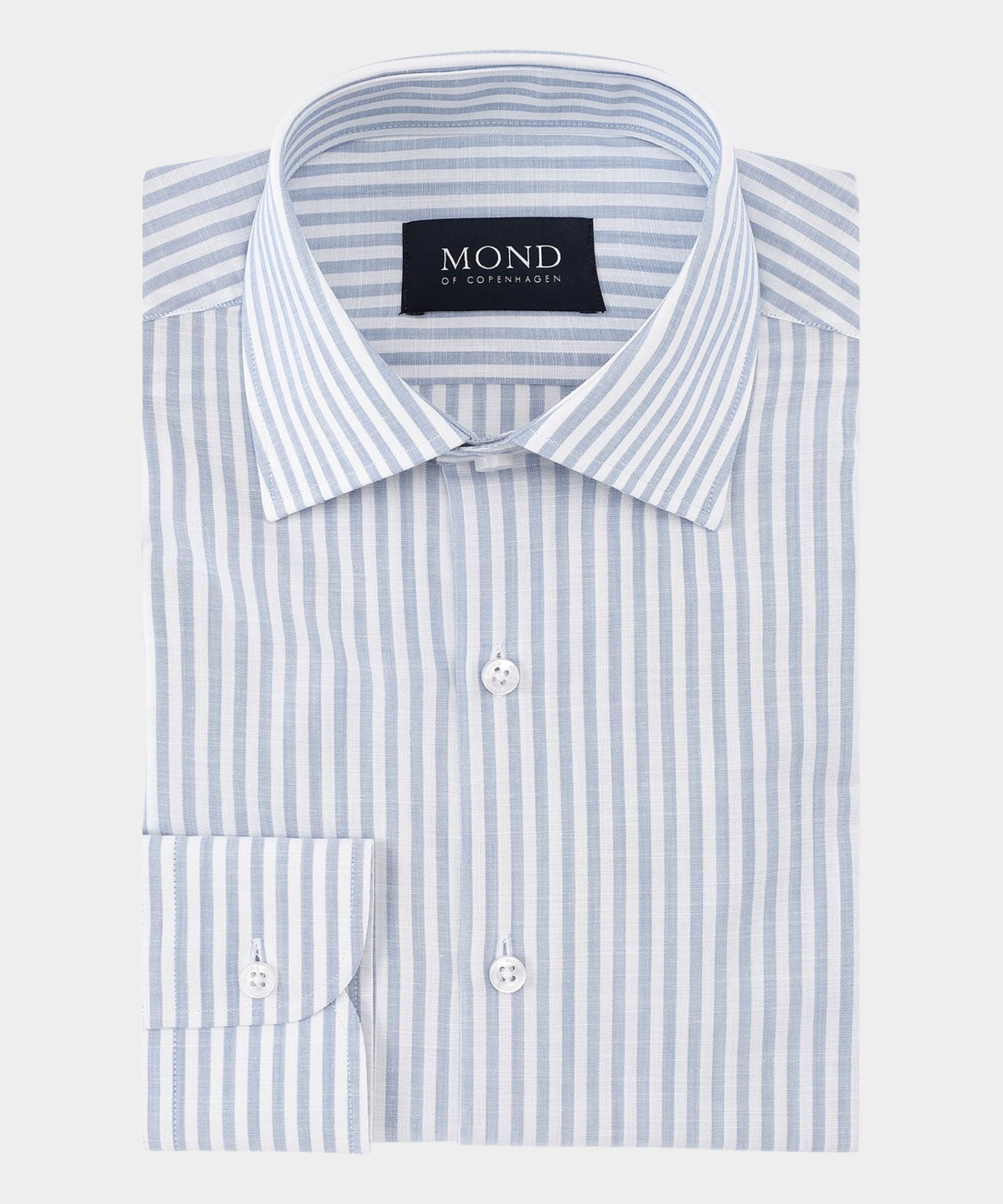custom tailored striped shirt in white and light slate blue, in twill weave