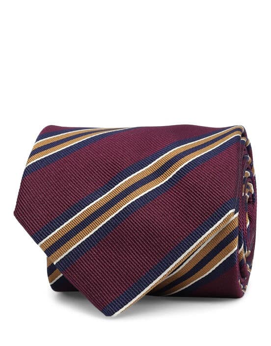 silk burgundy tie with stripes in navy and dark gold