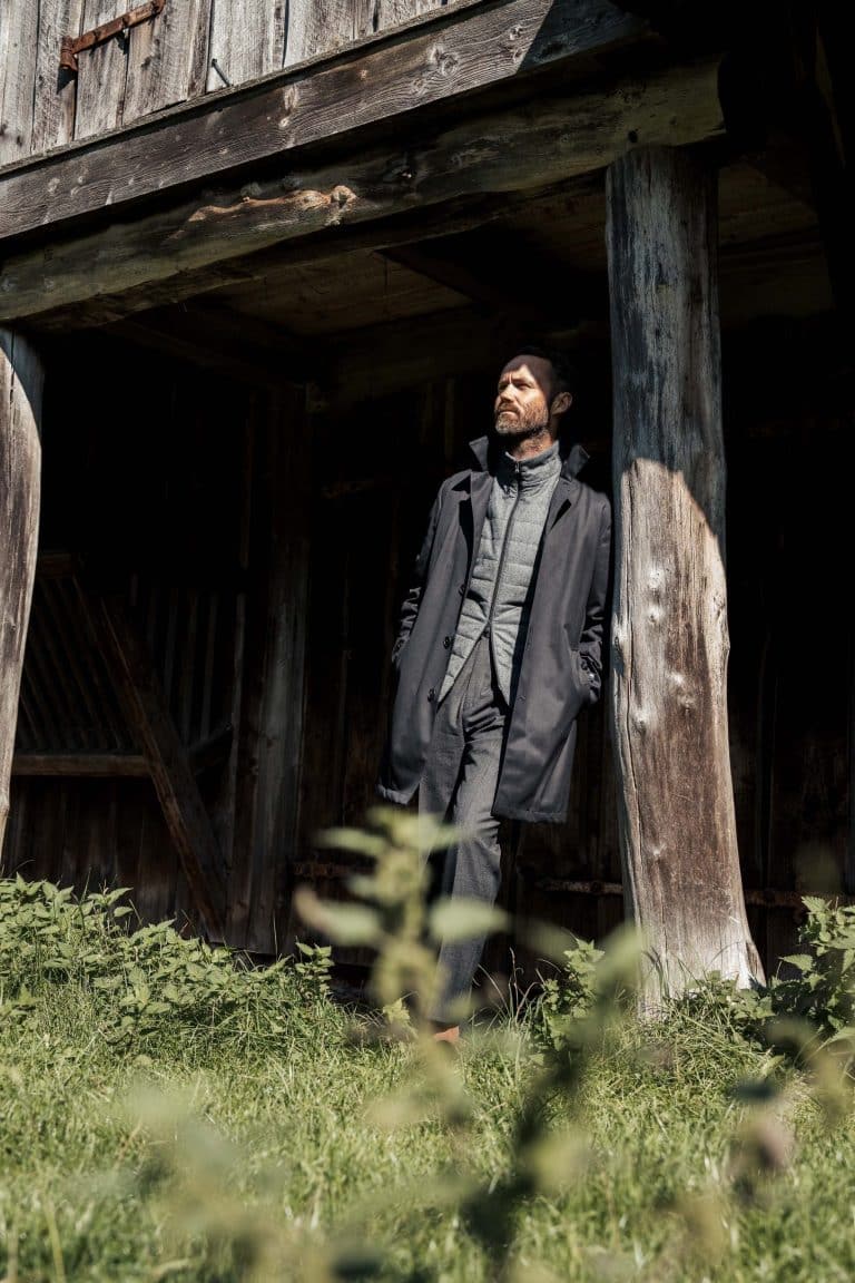 Medium grey heavy flannel bodywarmer and a black carcoat autumn and winter men's fashion essentials