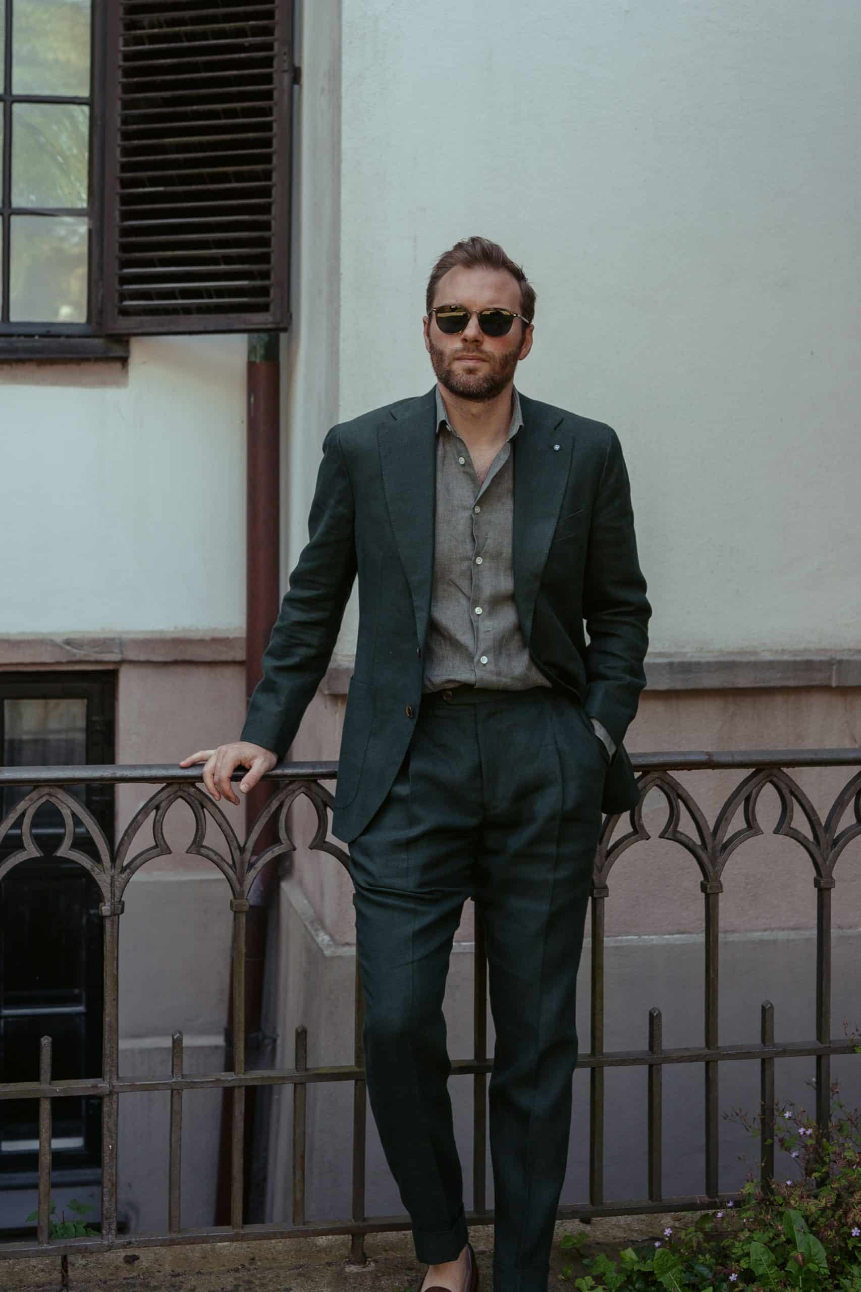 Custom made dark green linen suit scaled - - mond