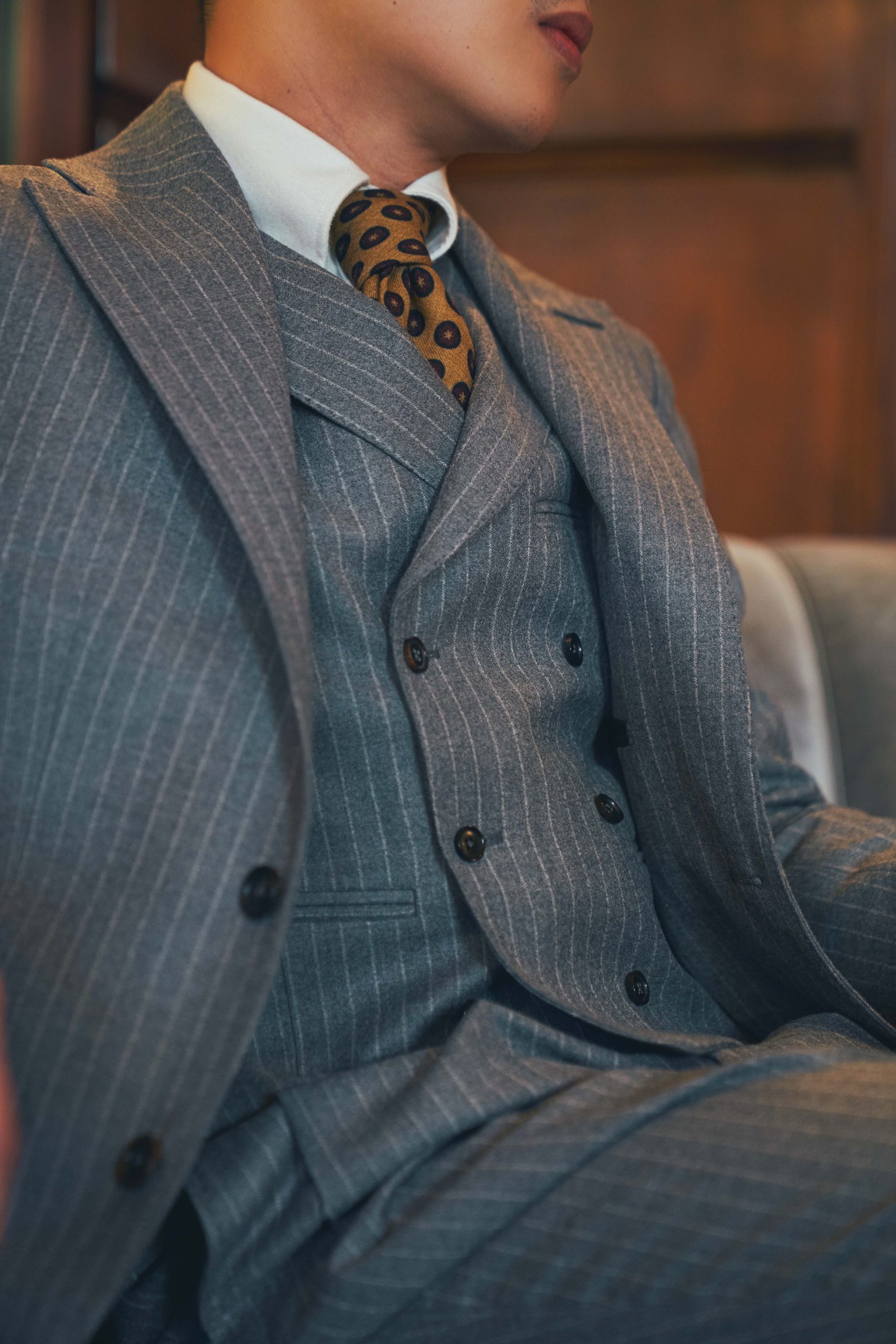 pinstripe grey flannel suit, custom made by mond