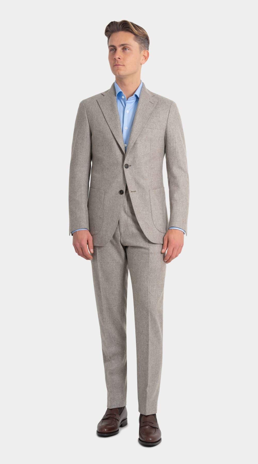 Sand colour suit in heavy flannel, brown shoes and blue shirt