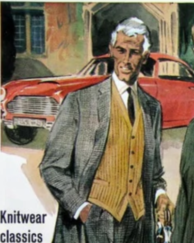 Oldschool illustration of gentleman in odd color waistcoat