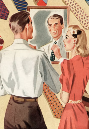 Vintage illustration of man tying a tie in the mirror beside his wife
