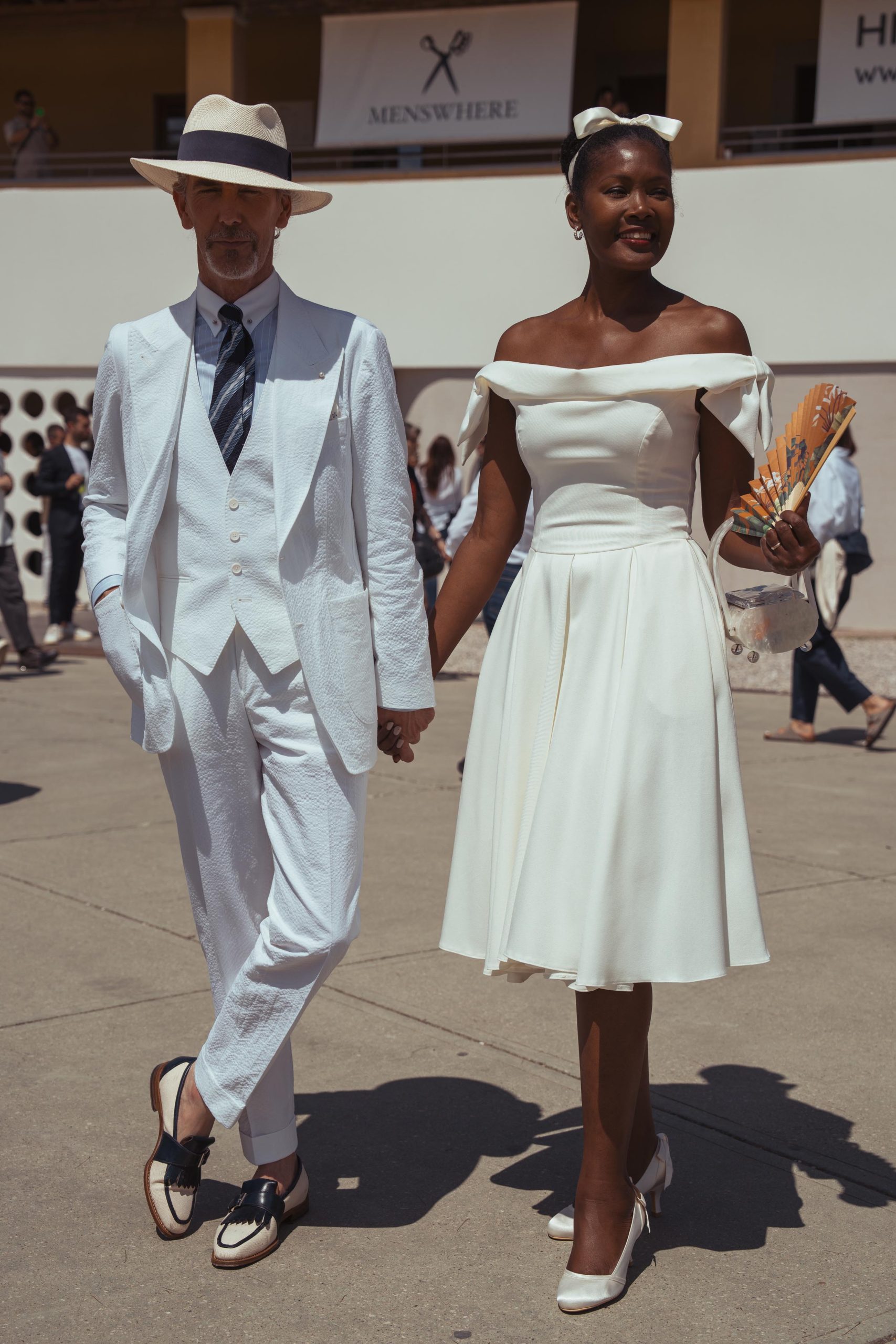 Guillaume Bo in white seersucker suit at Pitti Uomo 106