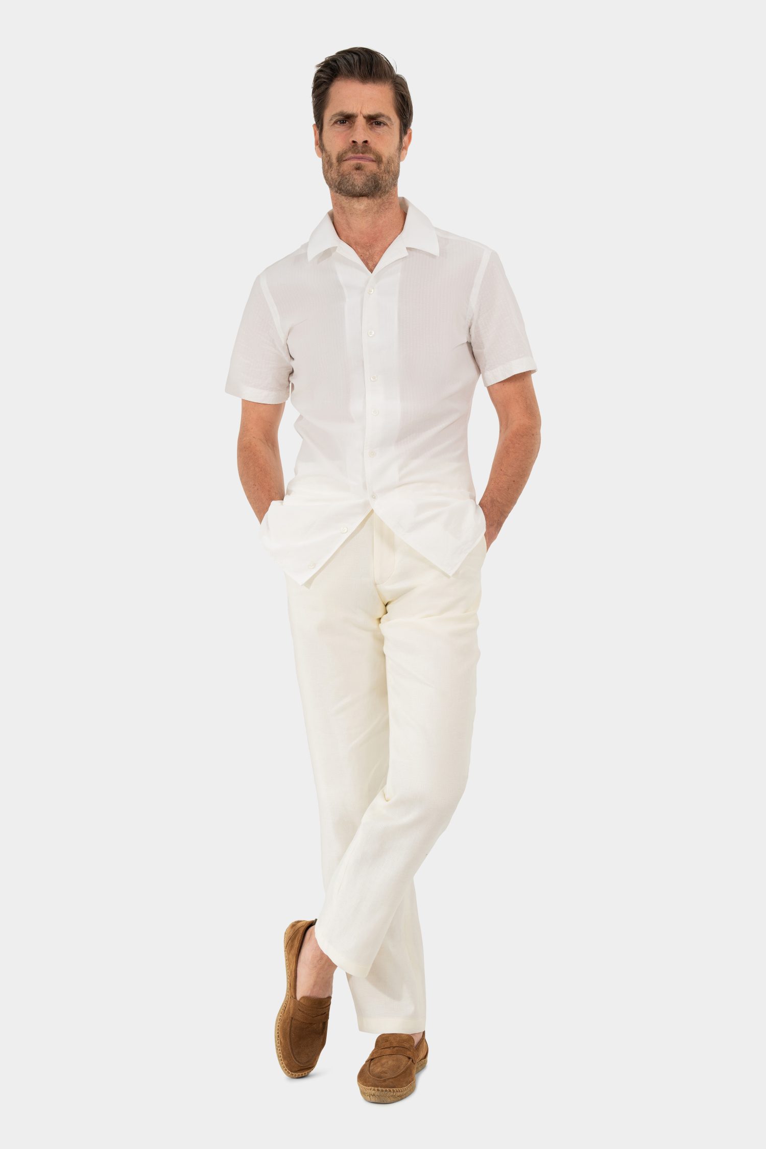 Ivory Linen Drawstring Trousers and a white seersucker shirt