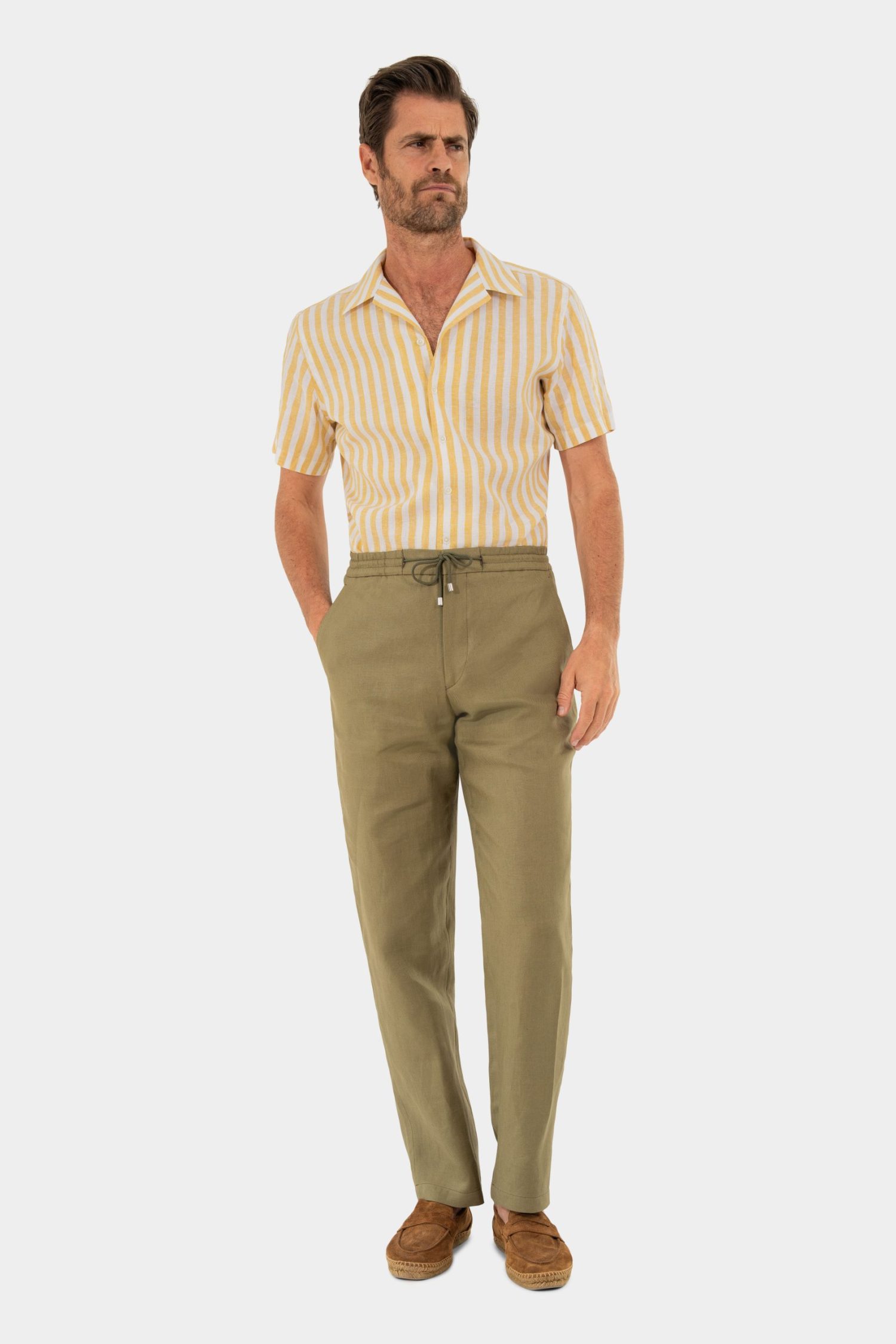 Khaki Linen Drawstring Trousers