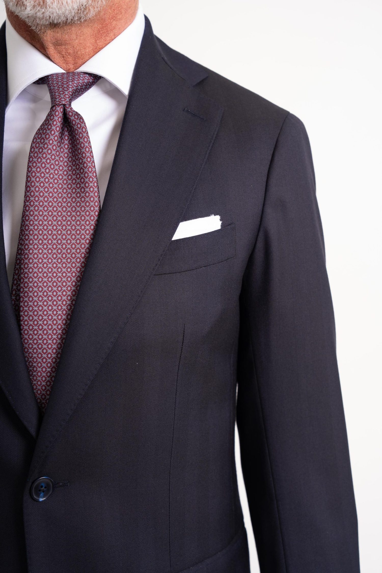 Navy Herringbone Superior Wool Suit Upclose