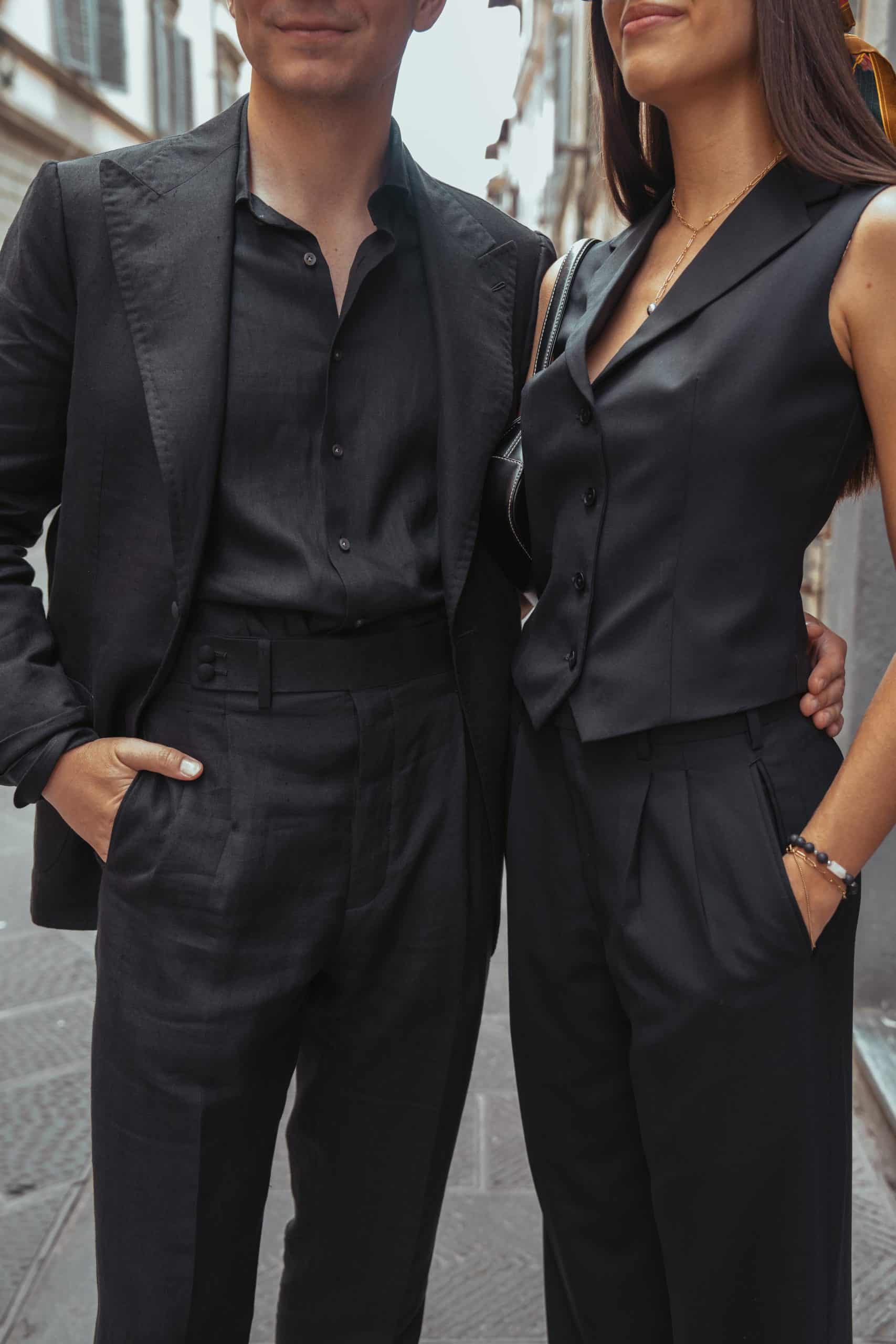 Black linen suits at pitti uomo