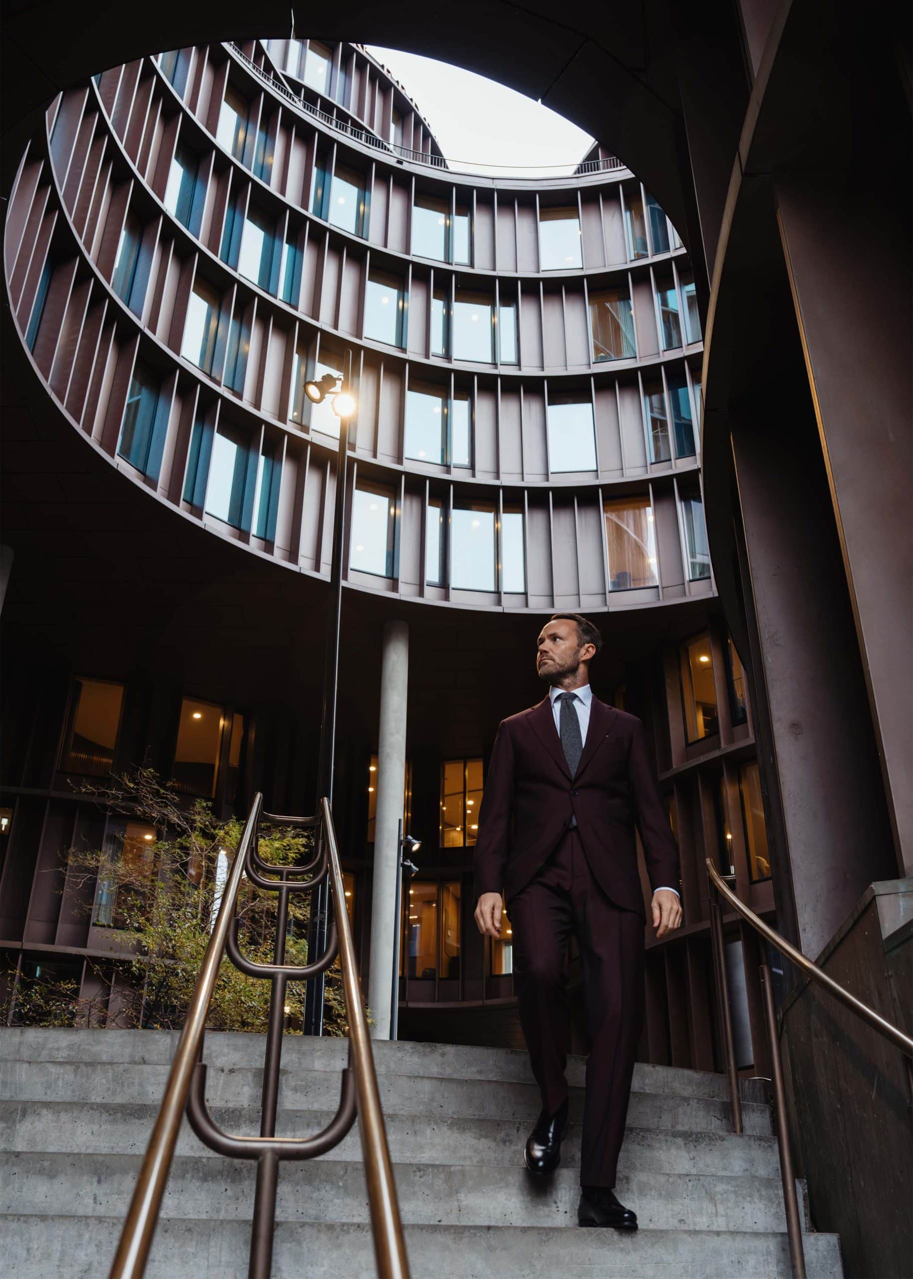 Burgundy twistair suit custom made by mond
