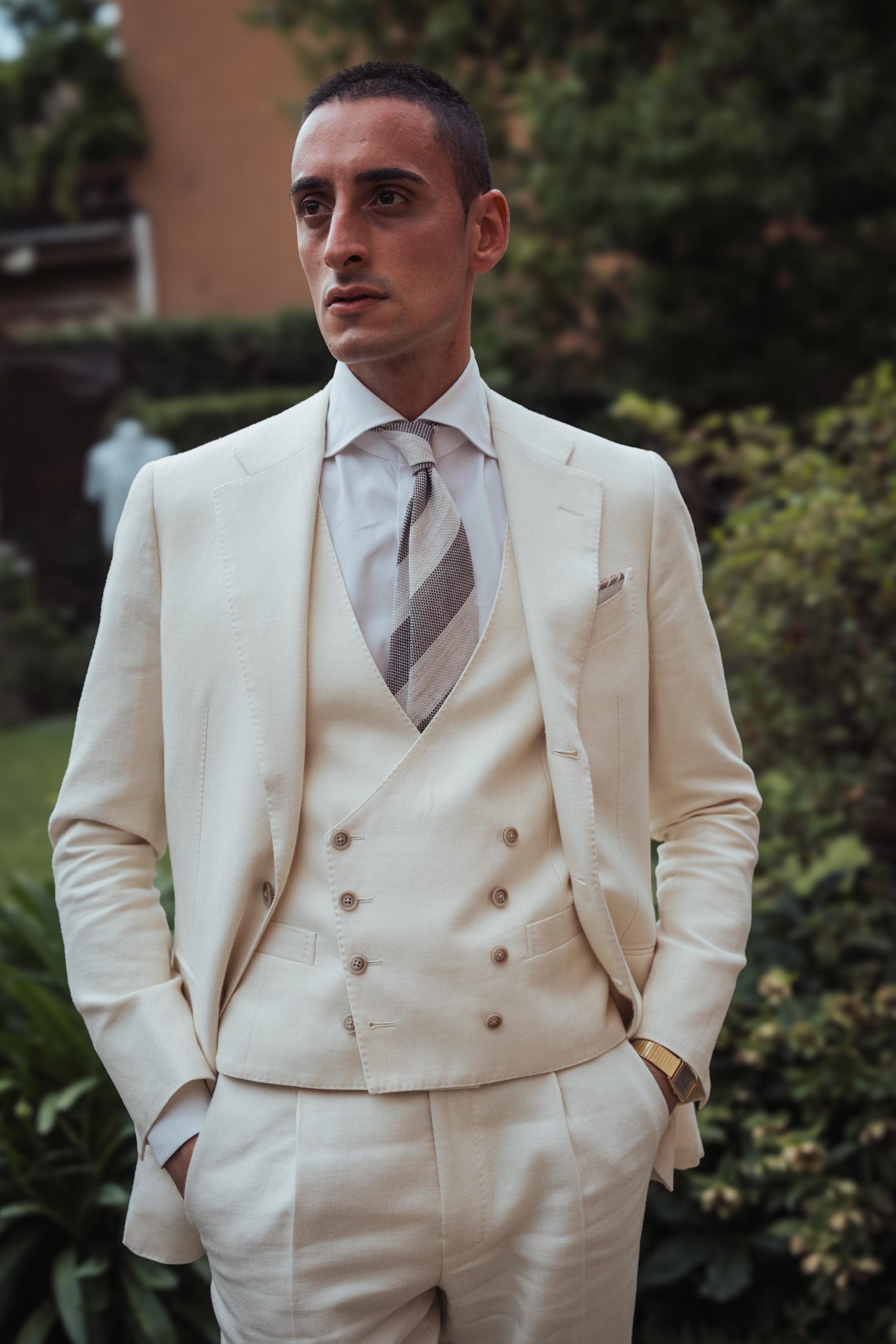 white three piece suit at pitti uomo 106