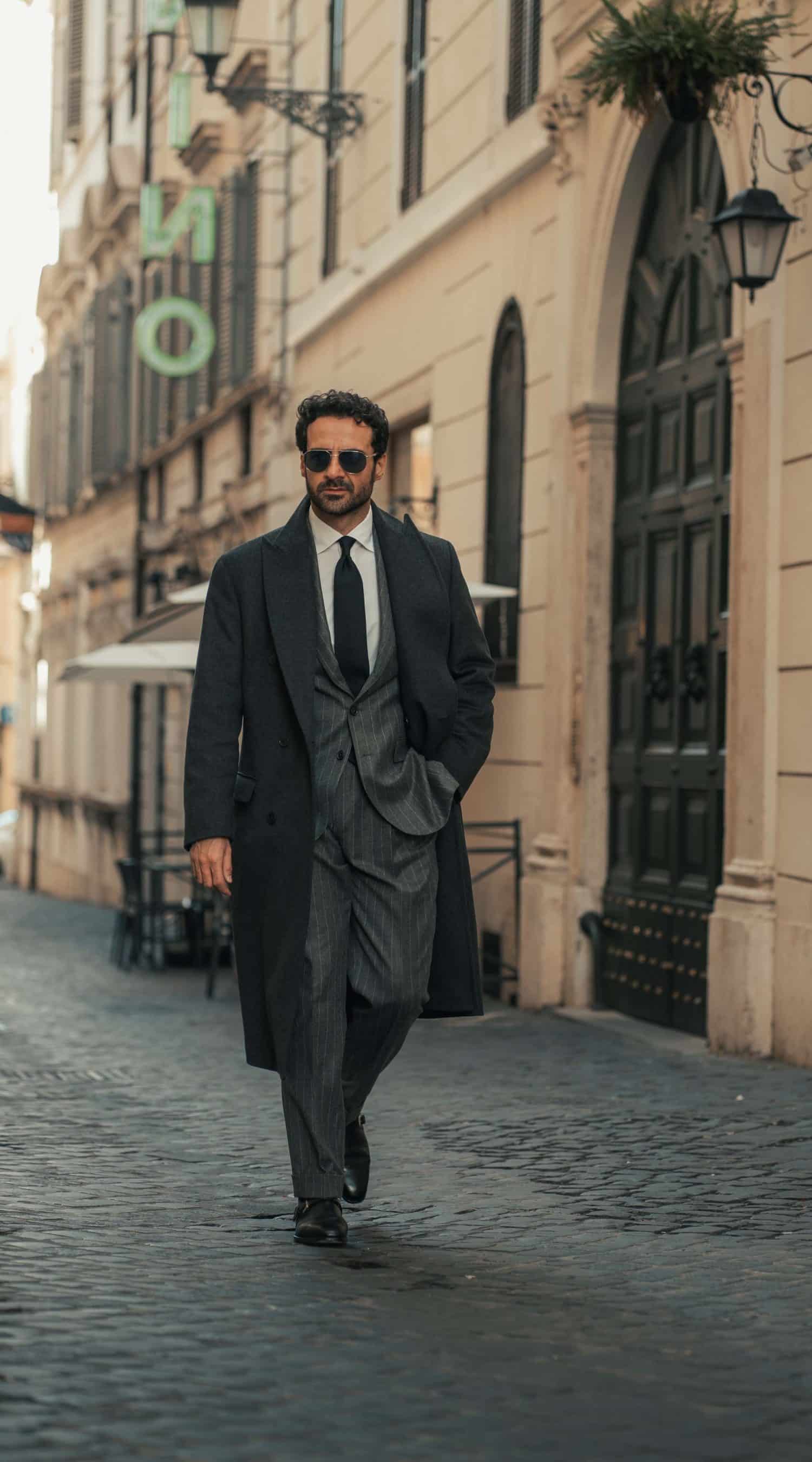 Charcoal wool blend overcoat, worn by giorgio giangiulio, custom made by mond