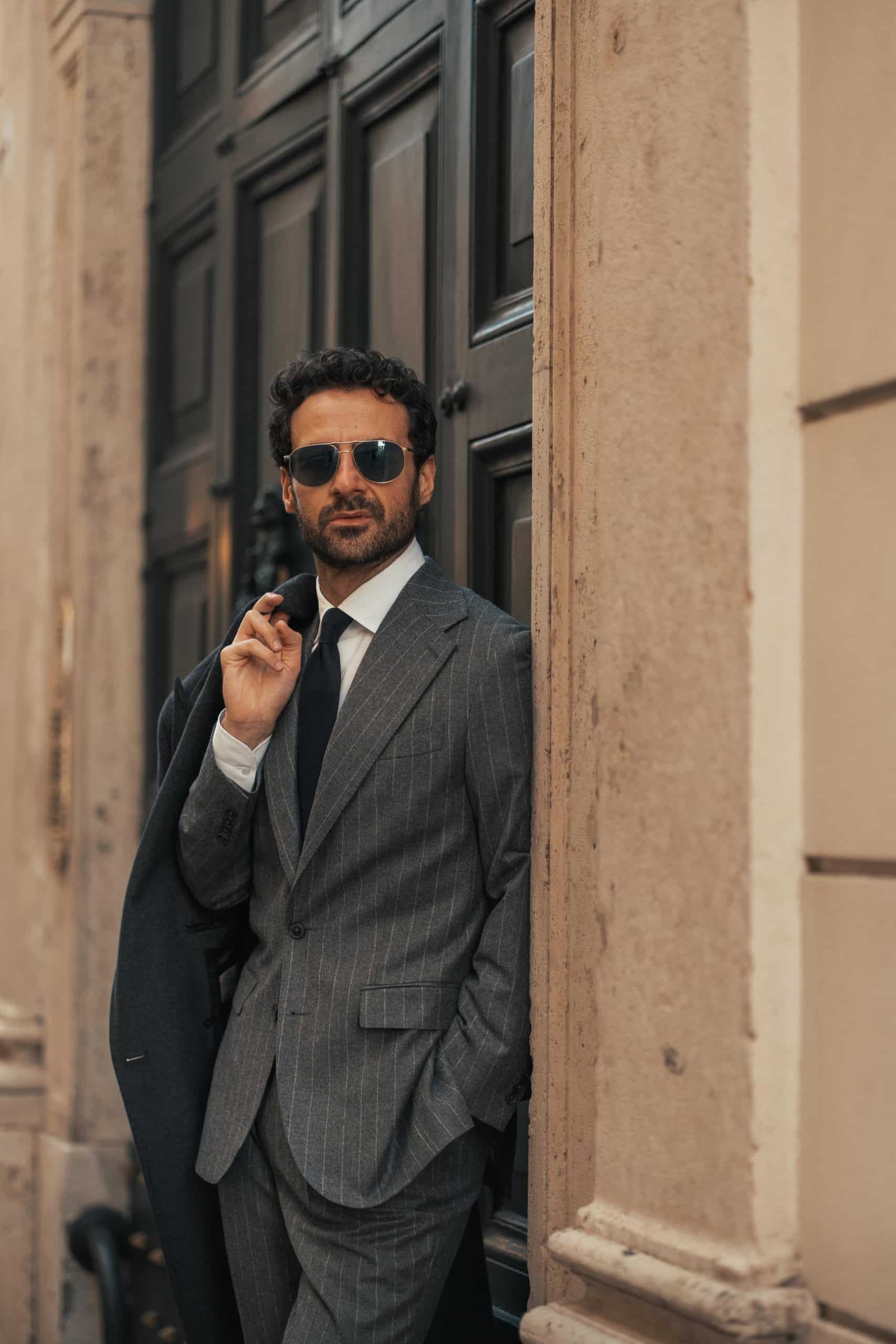 Giorgio giangiulio wearing a custom made chalkstripe grey suit by mond
