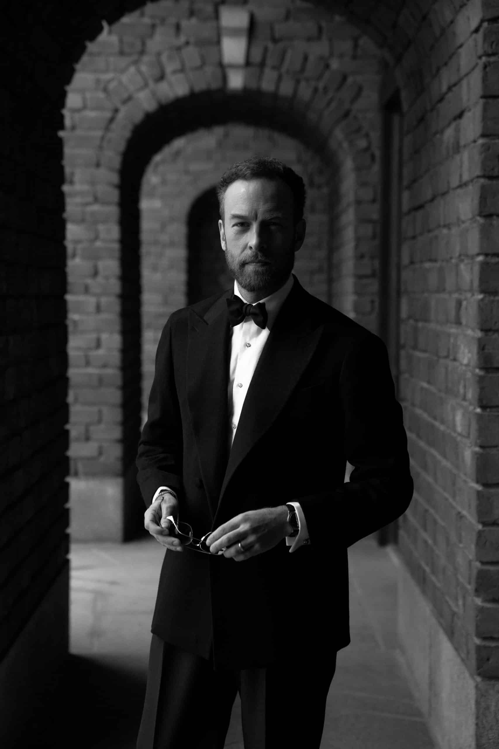 Andreas weinas in a mond custom made black doeskin dinner jacket