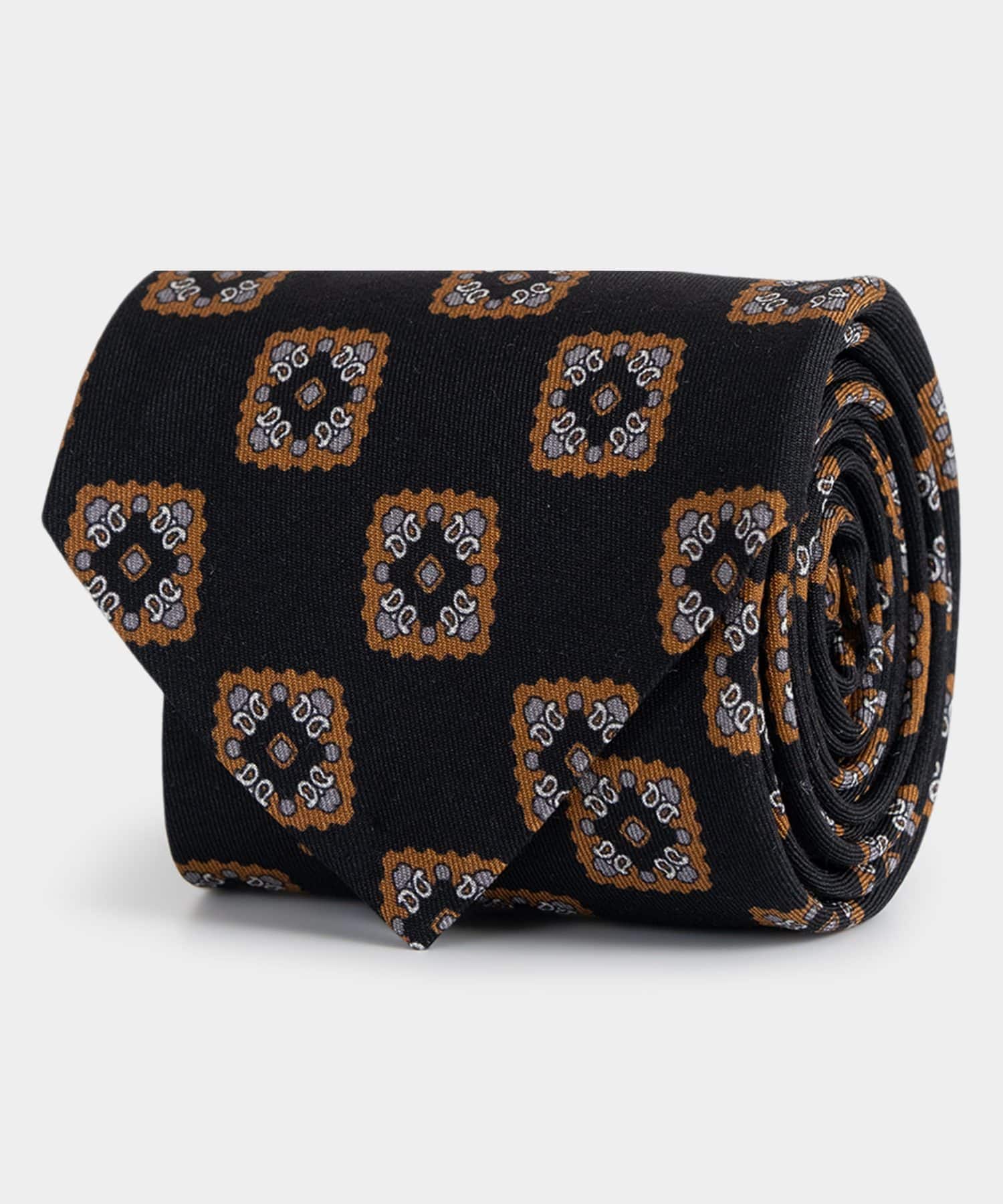 Black tie - square floral printed wool/silk - mond