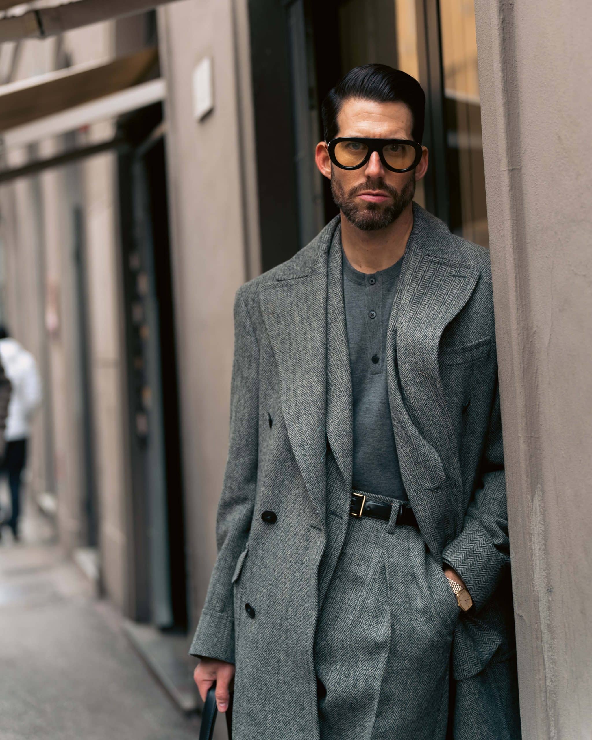 Monochromatic suit and coat at pitti uomo 107, worn by carlos domord, made by mond
