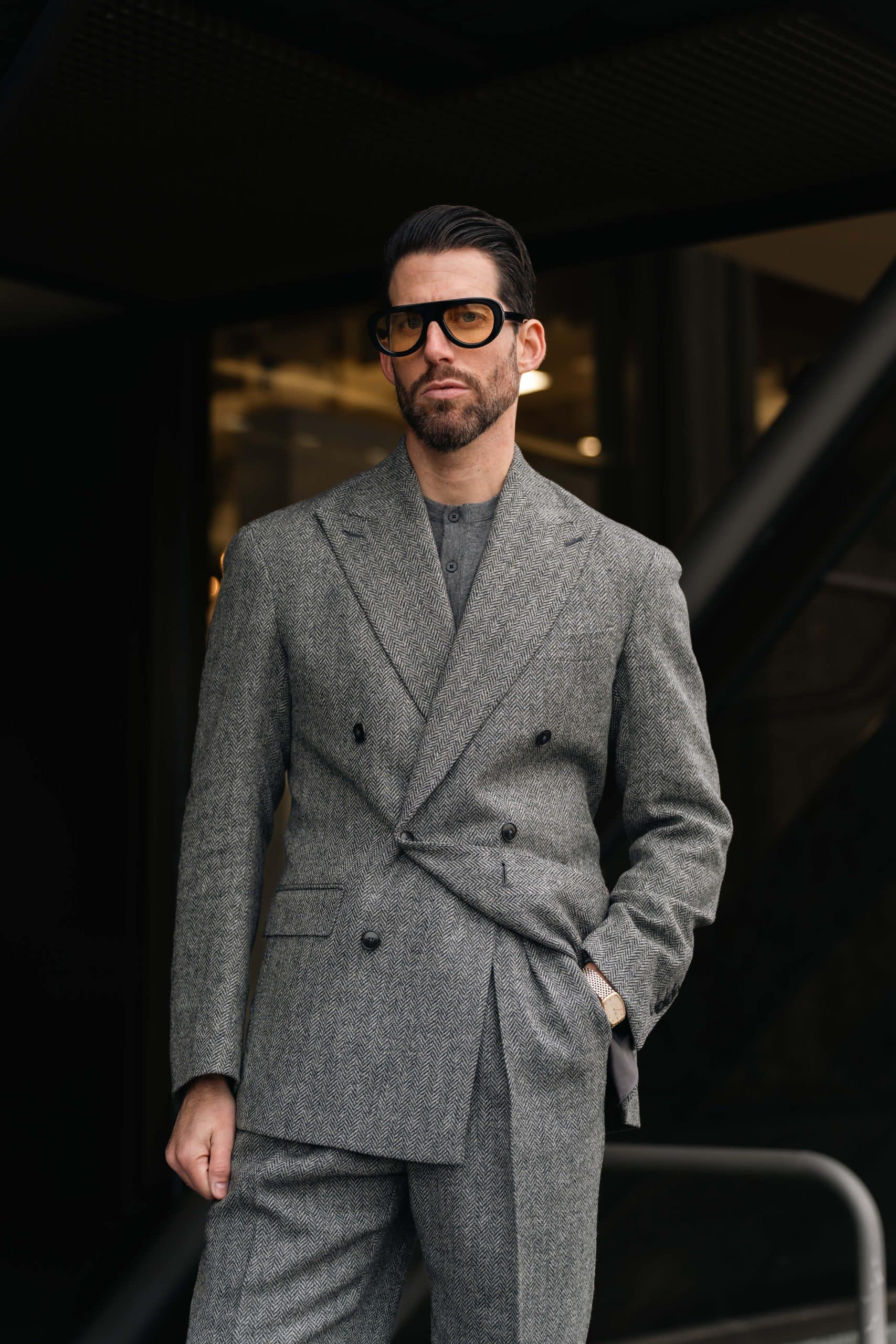 The charcoal herringbone suit, custom made by mond of copenhagen, worn by carlos domord