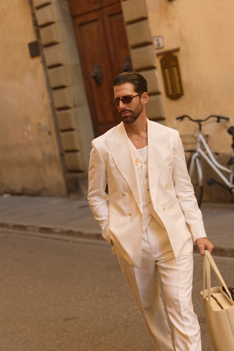 Custom made off-white suit by mond, worn by carlos domord at pitti uomo