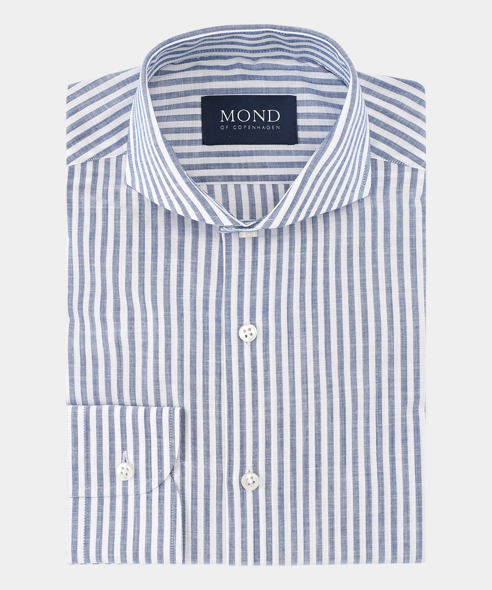 custom tailored striped shirt in white and slate blue, in twill weave