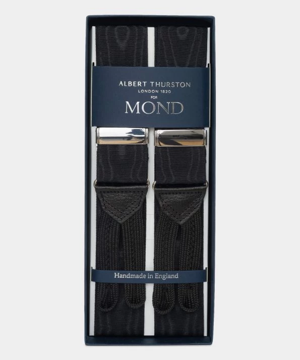 Albert Thurston Trouser Braces - Navy Blue Moiré with Navy Leather
