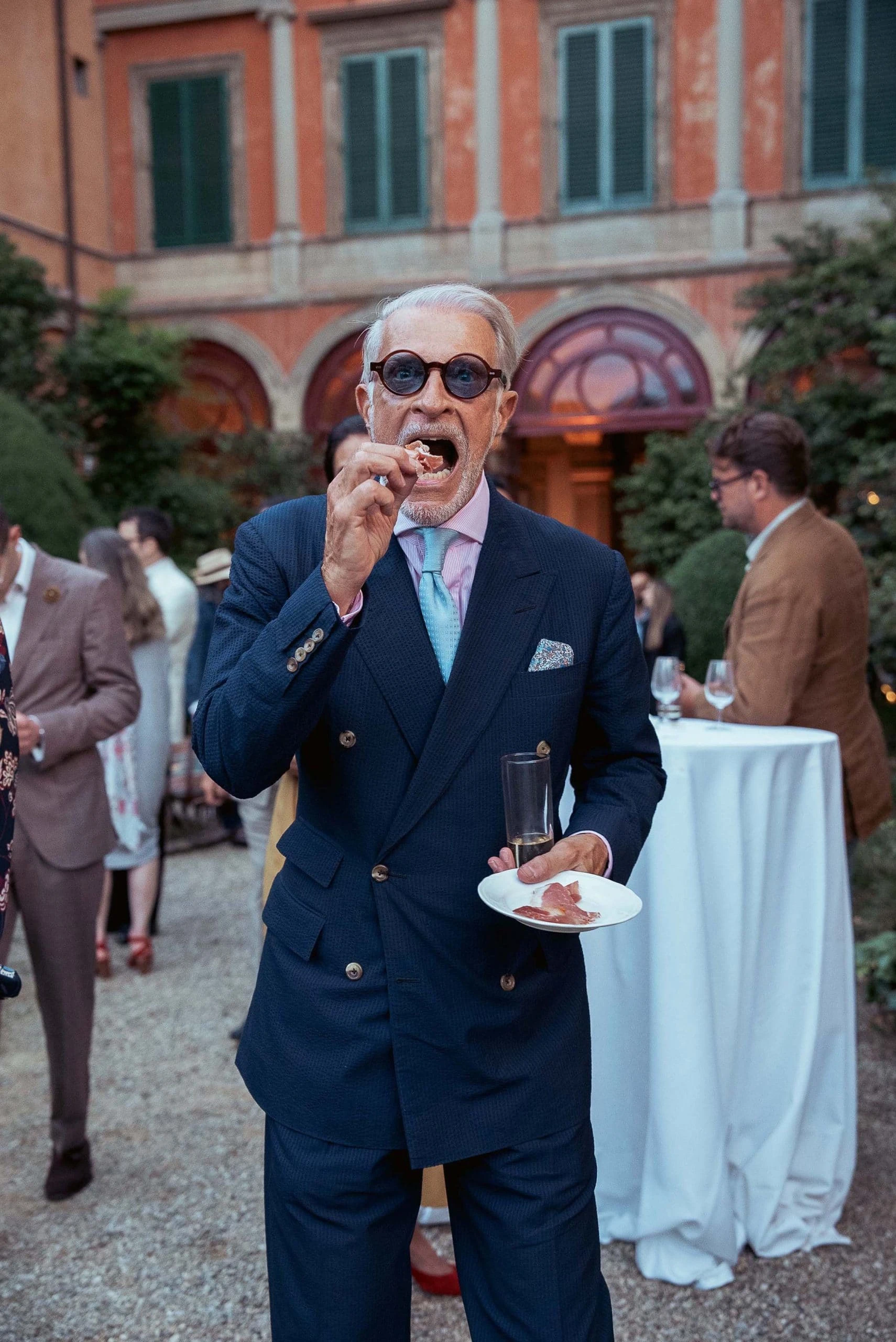 Henrik Hjerl spotted wearing a navy blue suit at the Plaza Uomo party