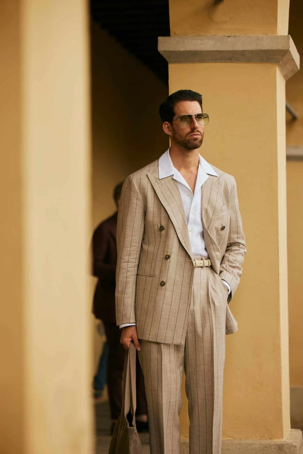 carlos domord at pitti uomo wearing taupe beige striped custom made suit by mond of copenhagen