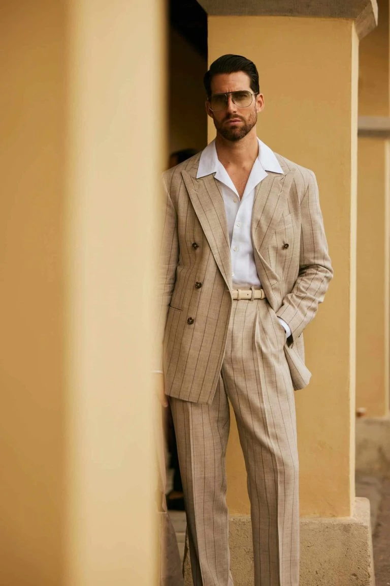 carlos domord at pitti uomo wearing taupe beige striped suit by mond of copenhagen