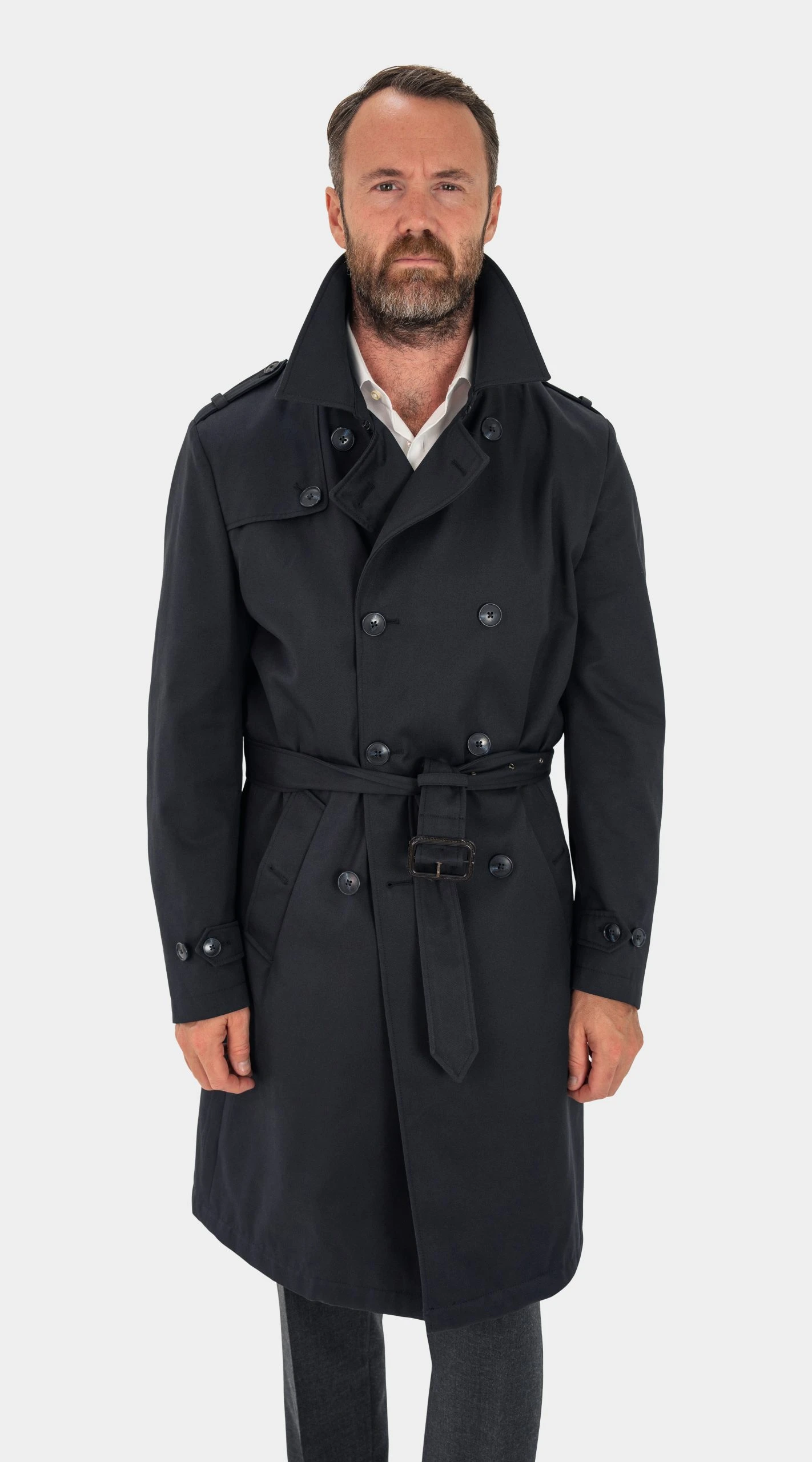 navy blue twill rain repellent trench coat custom made by mond