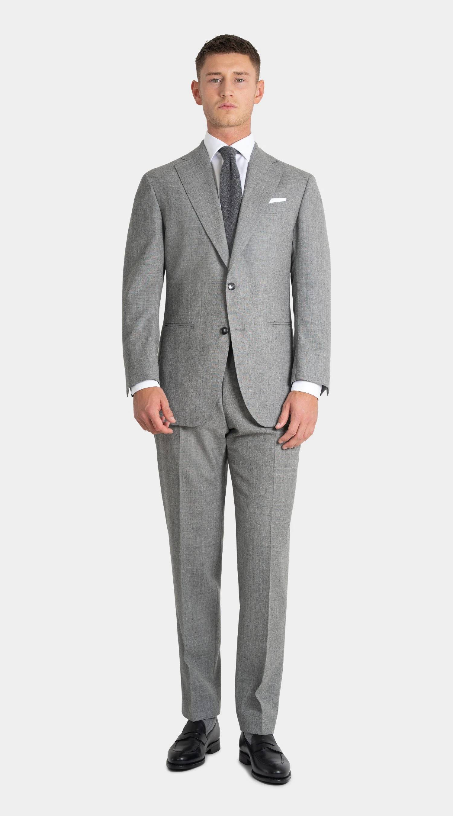 light grey suit in twistair, with black shoes