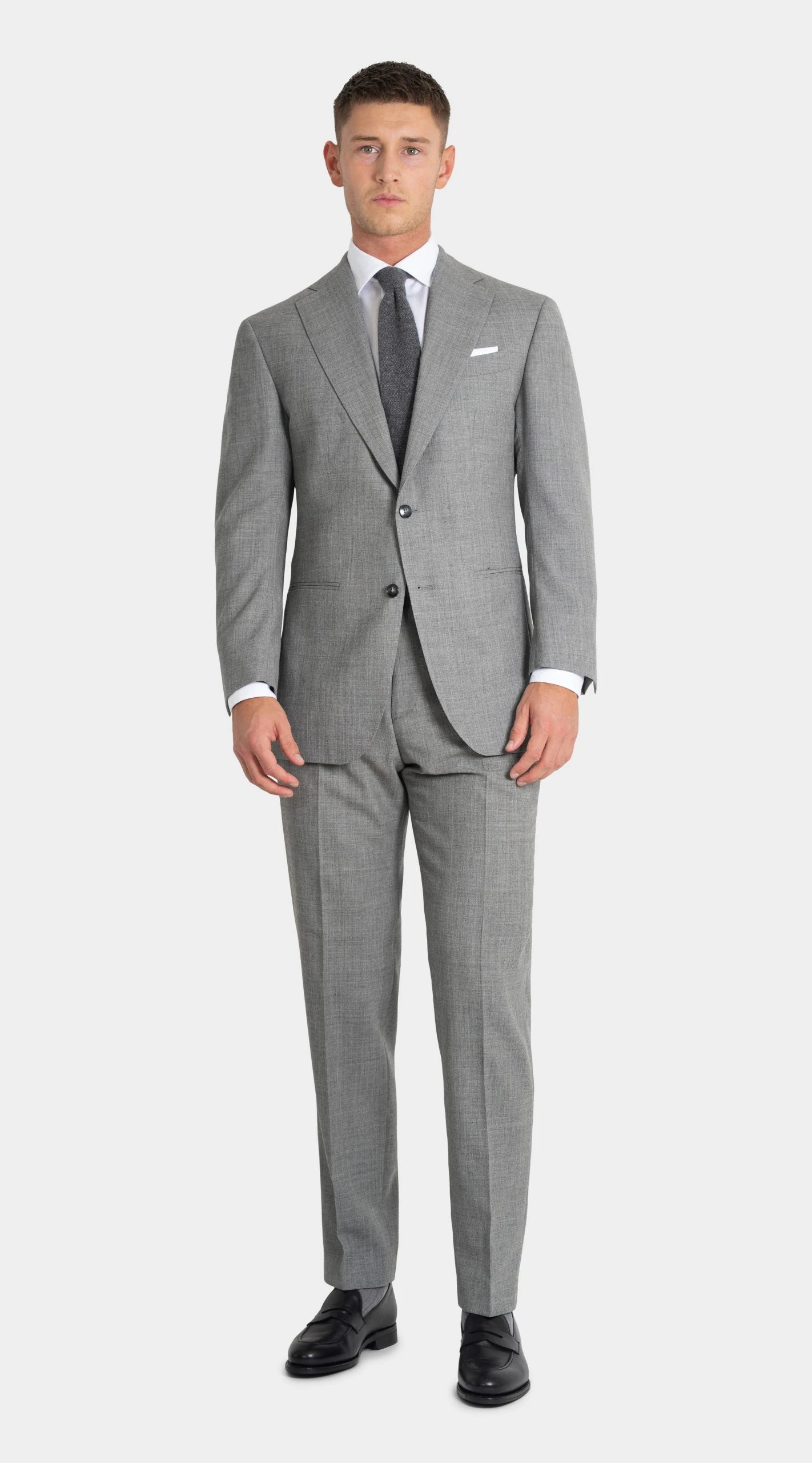 light grey suit in twistair, with black shoes
