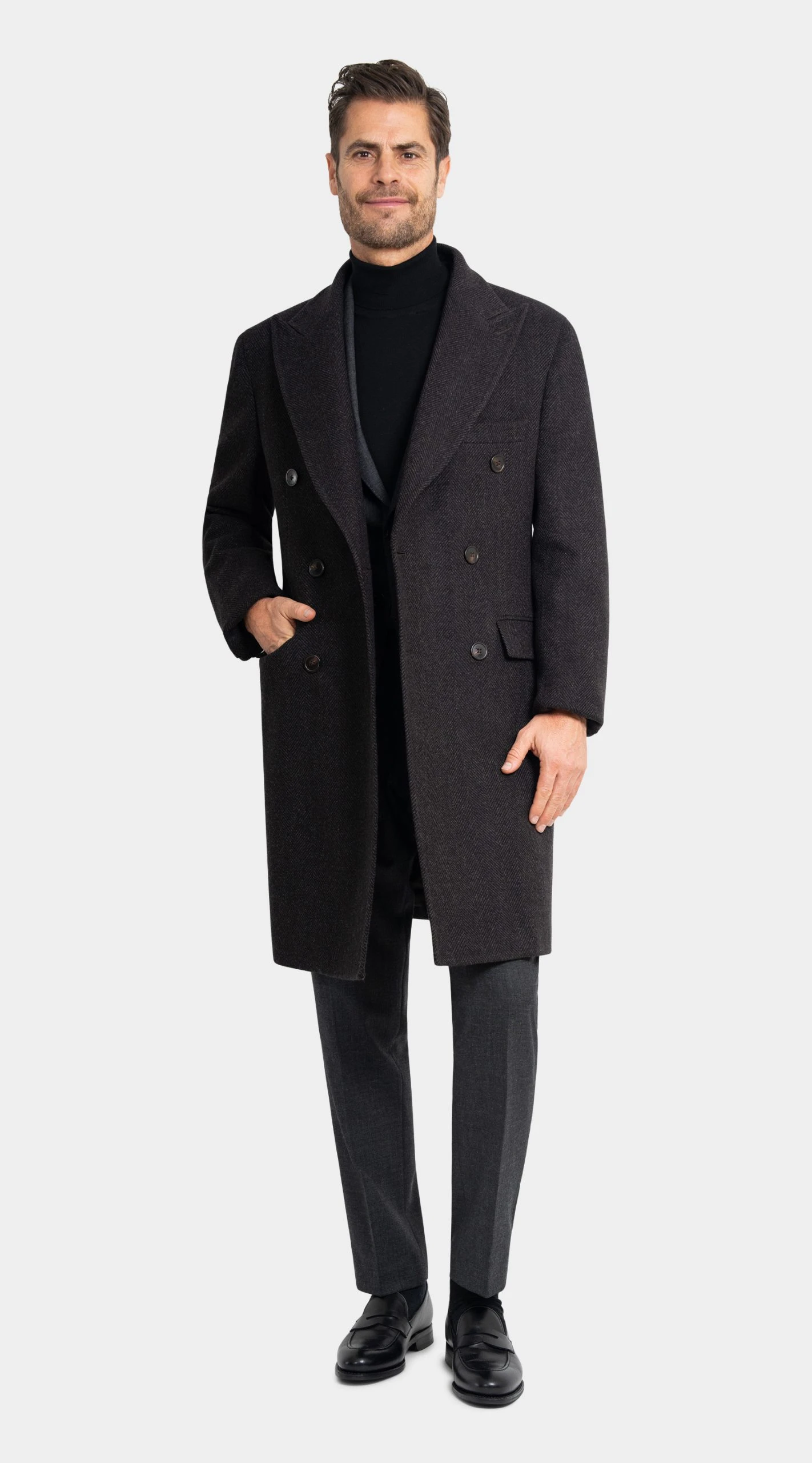 Brown Wool and Cashmere Herringbone Overcoat