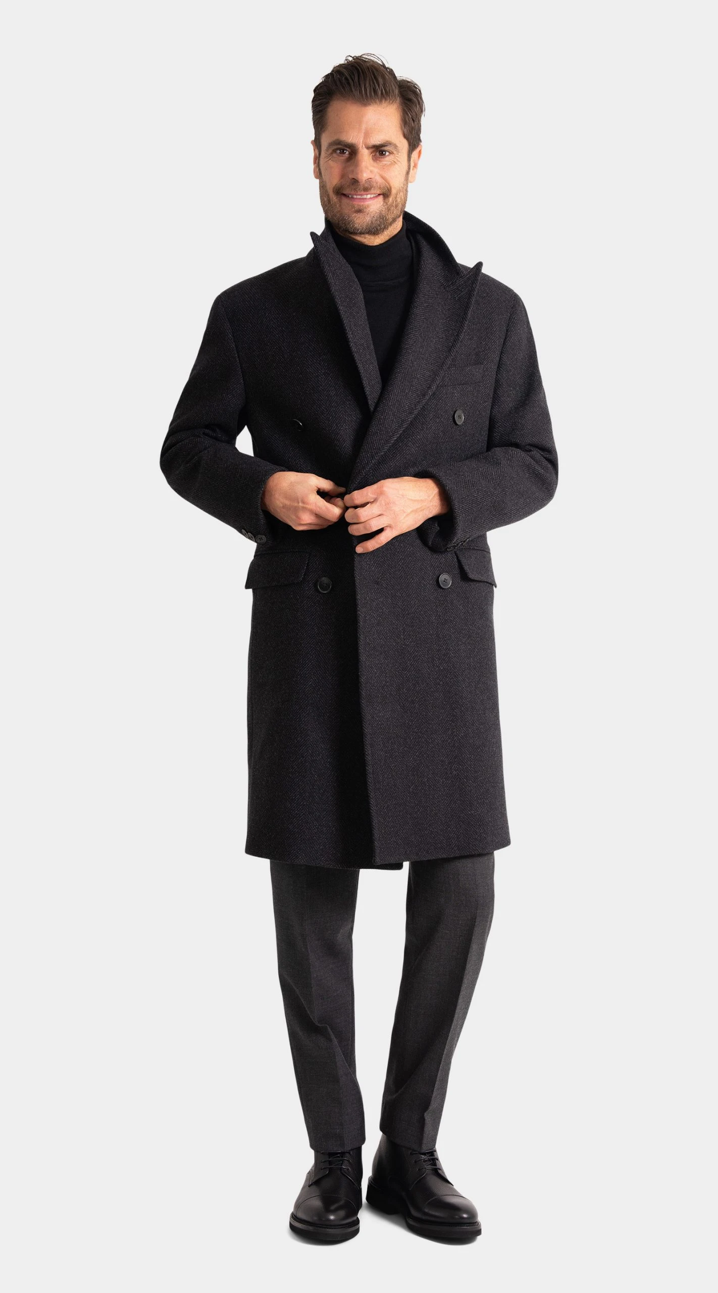Charcoal Wool and Cashmere Herringbone Overcoat custom made by mond