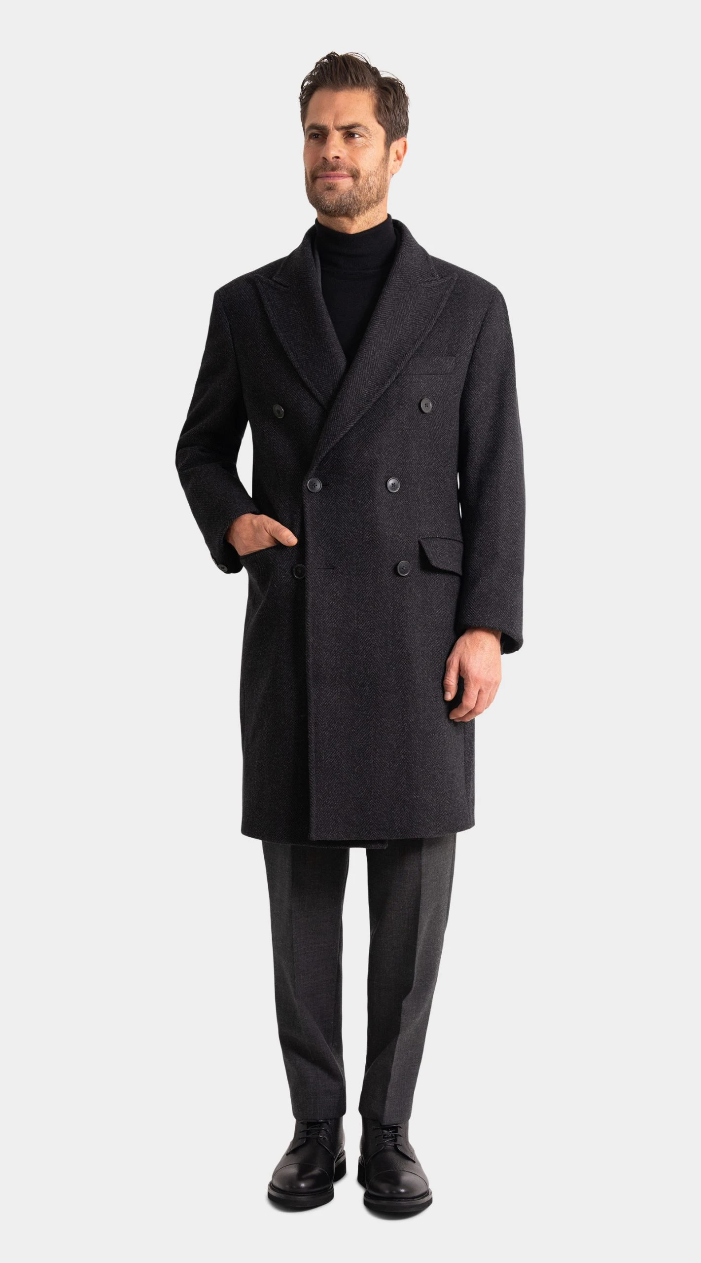 Charcoal Wool and Cashmere Herringbone Overcoat