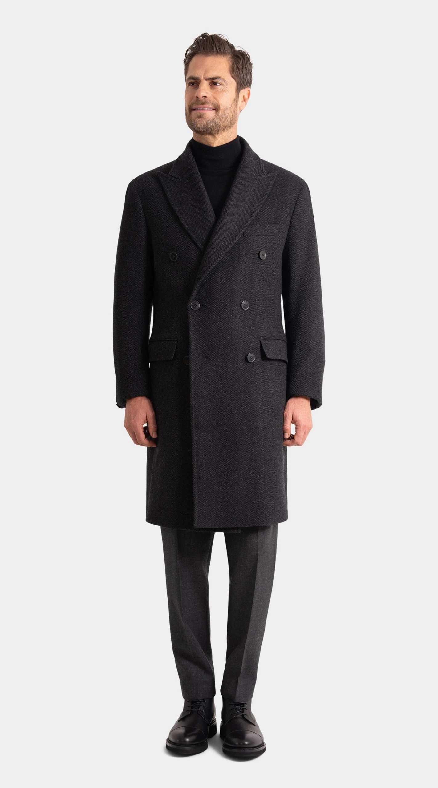 Charcoal Wool:Cashmere Herringbone Overcoat