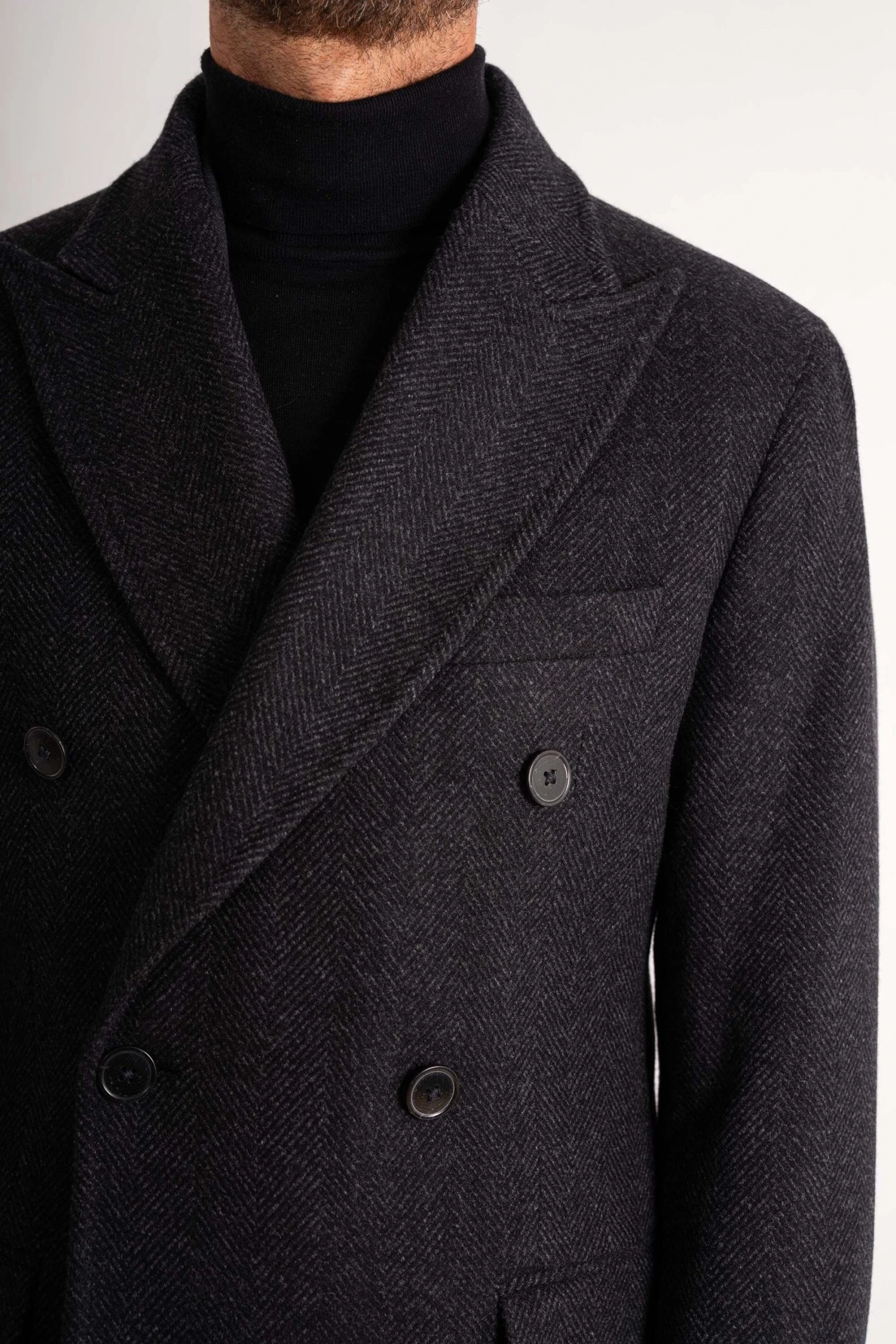 closeup Charcoal Wool and Cashmere Herringbone Overcoat