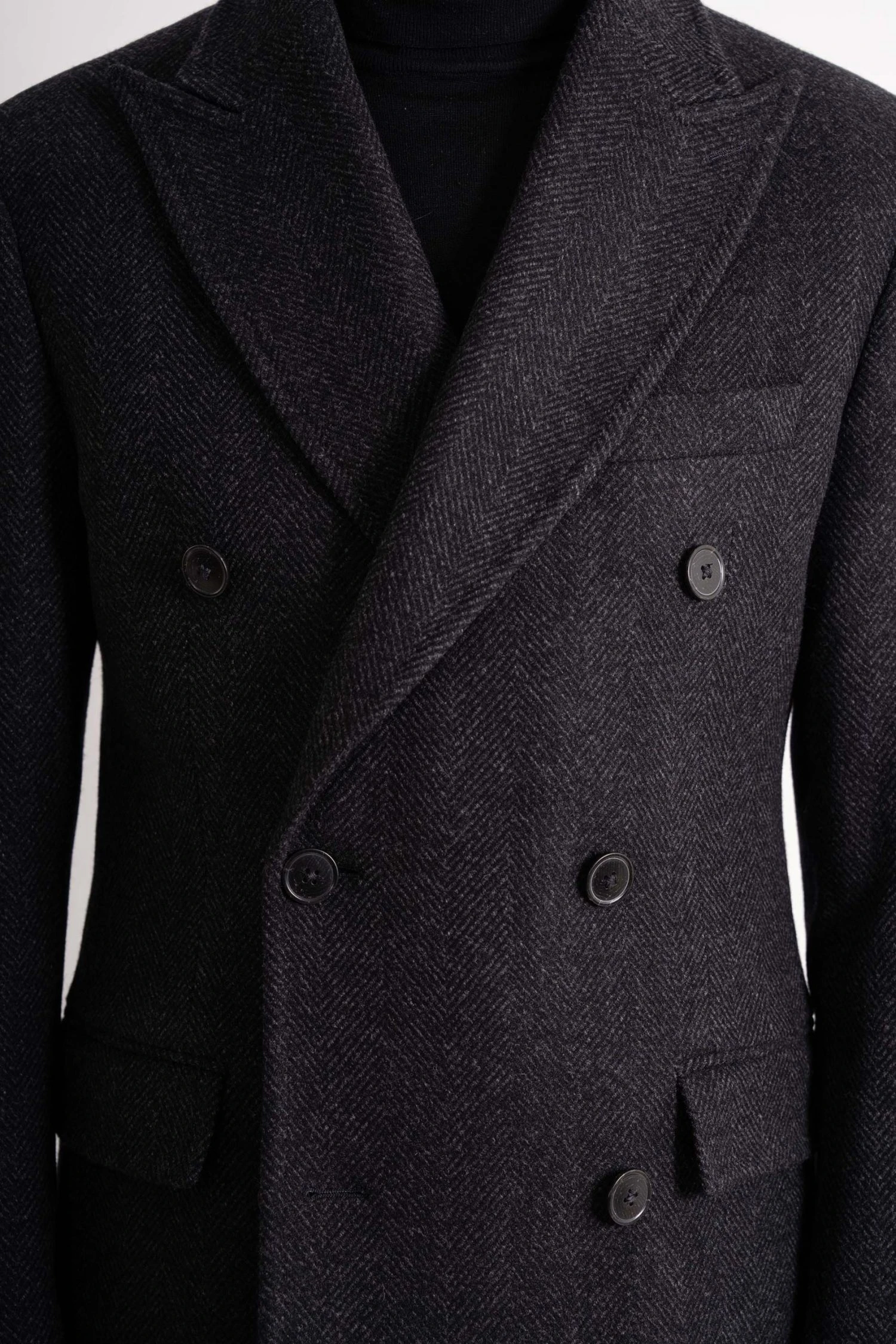 closeup Charcoal Wool:Cashmere Herringbone Overcoat