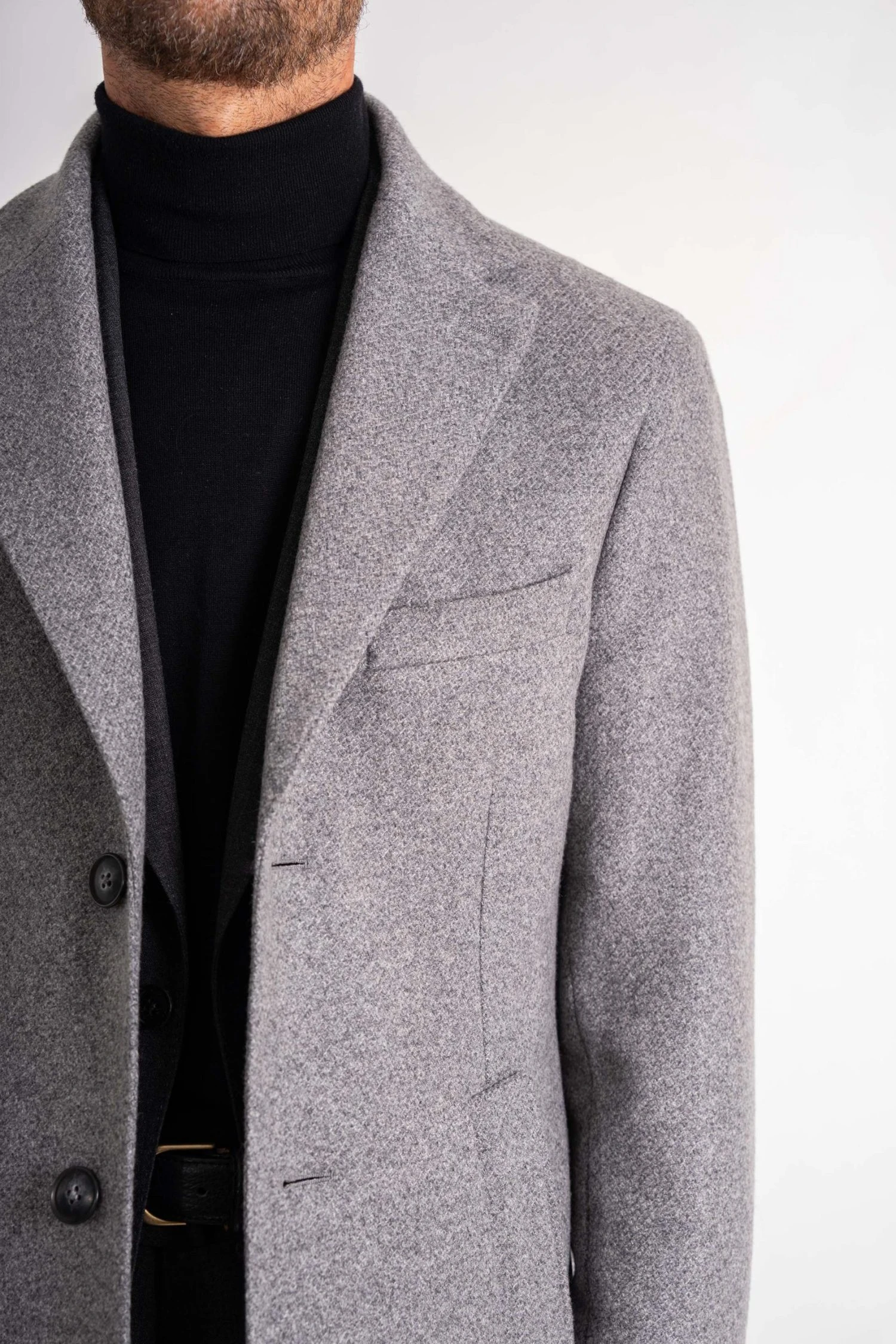 closeup custom Light Grey Wool and Cashmere Overcoat