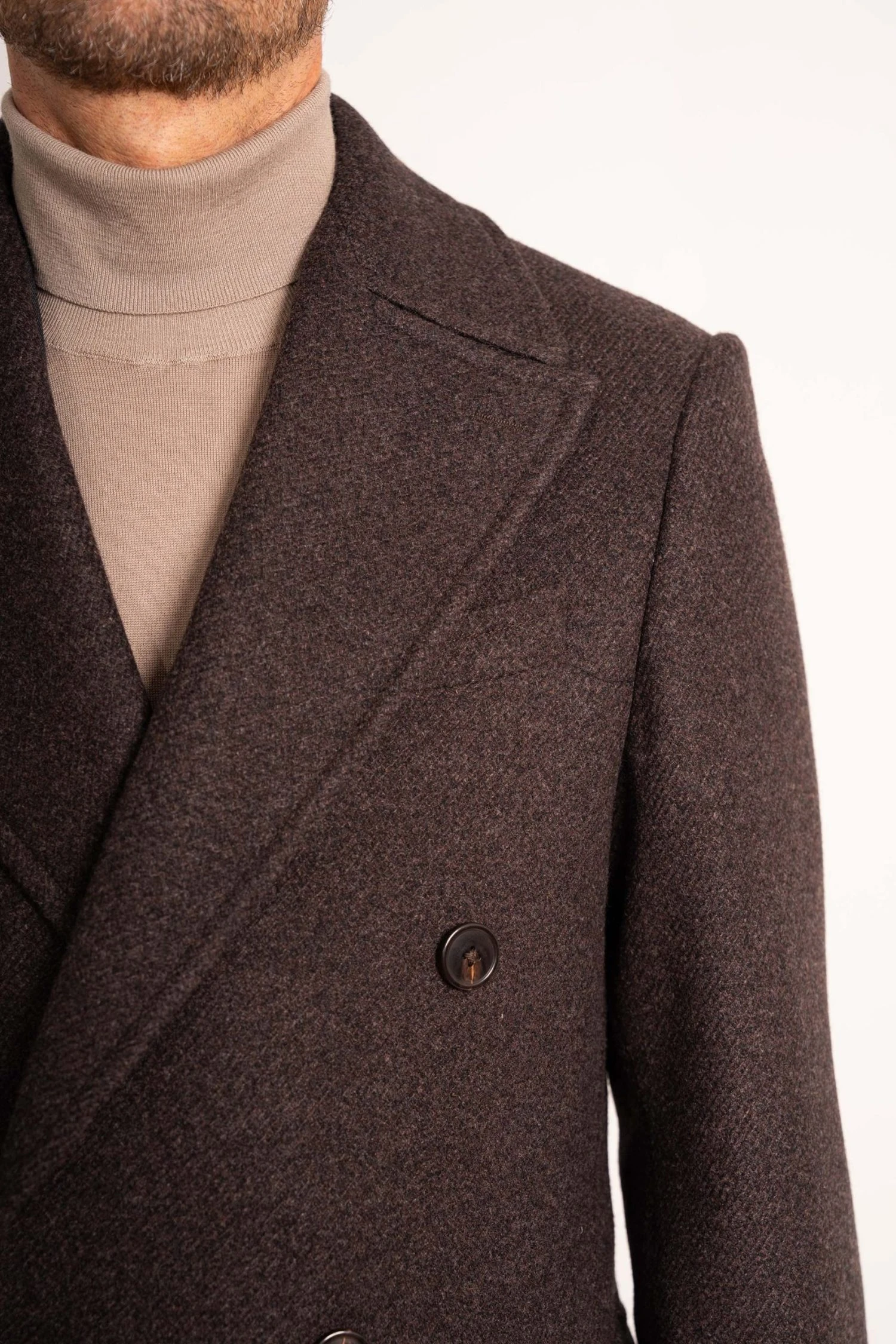 closeup shoulder Brown Wool and Cashmere Overcoat