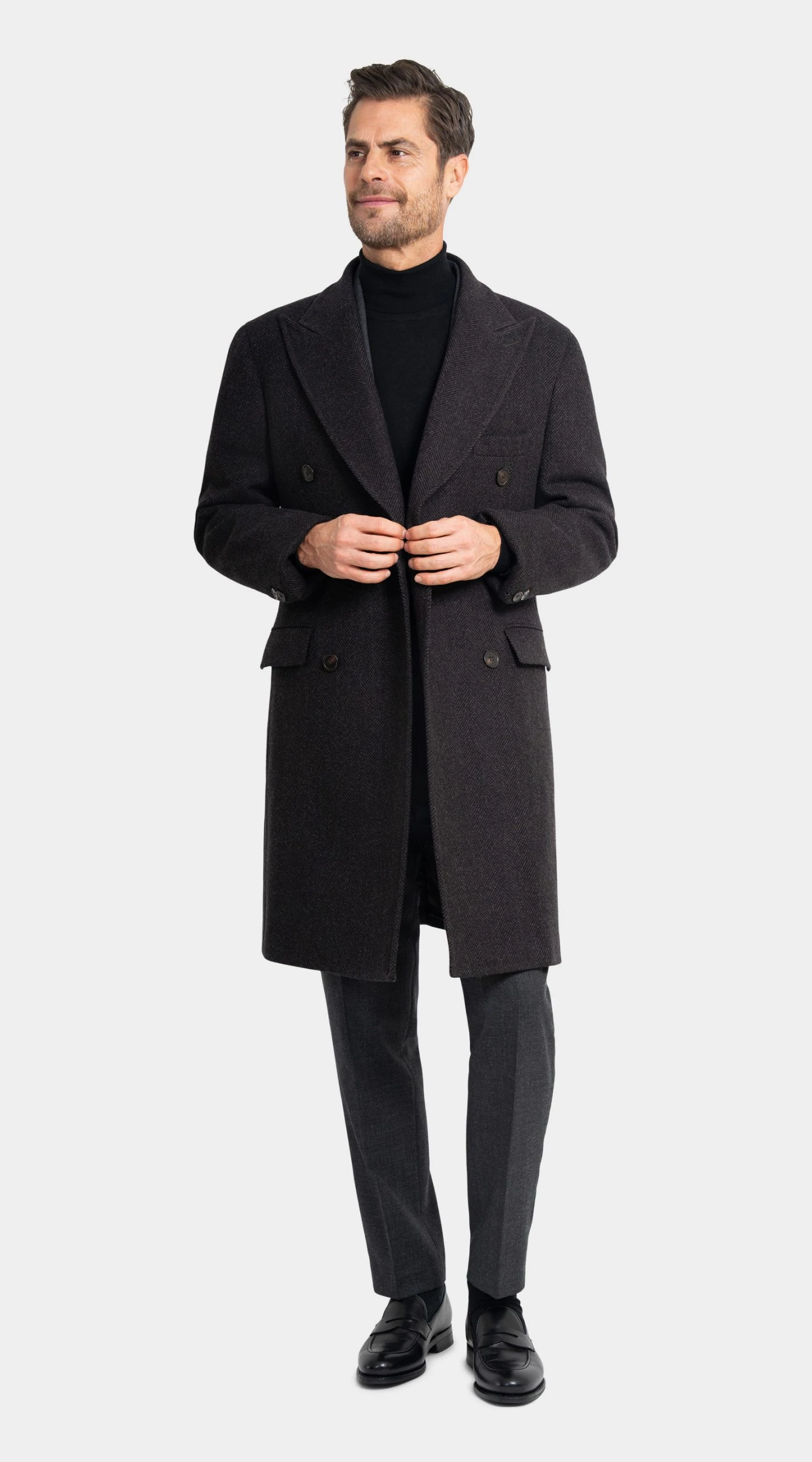 custom Brown Wool and Cashmere Herringbone Overcoat