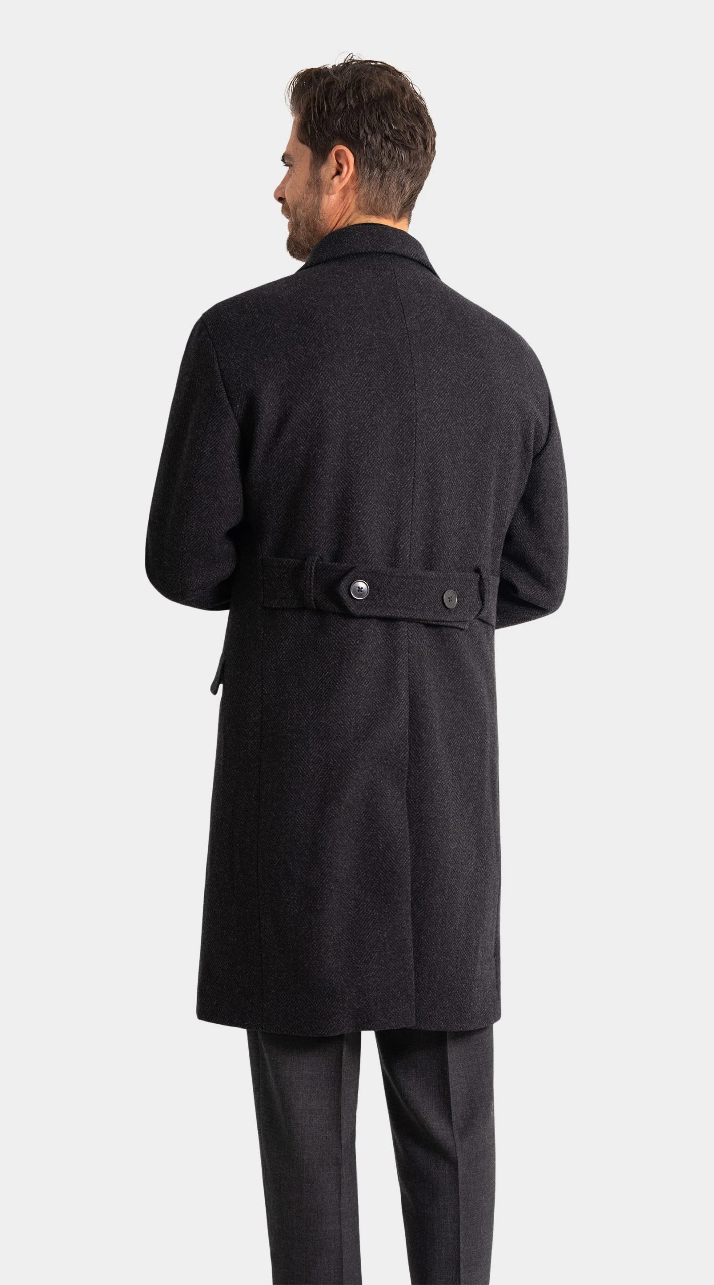 double breasted Charcoal Wool and Cashmere Herringbone Overcoat