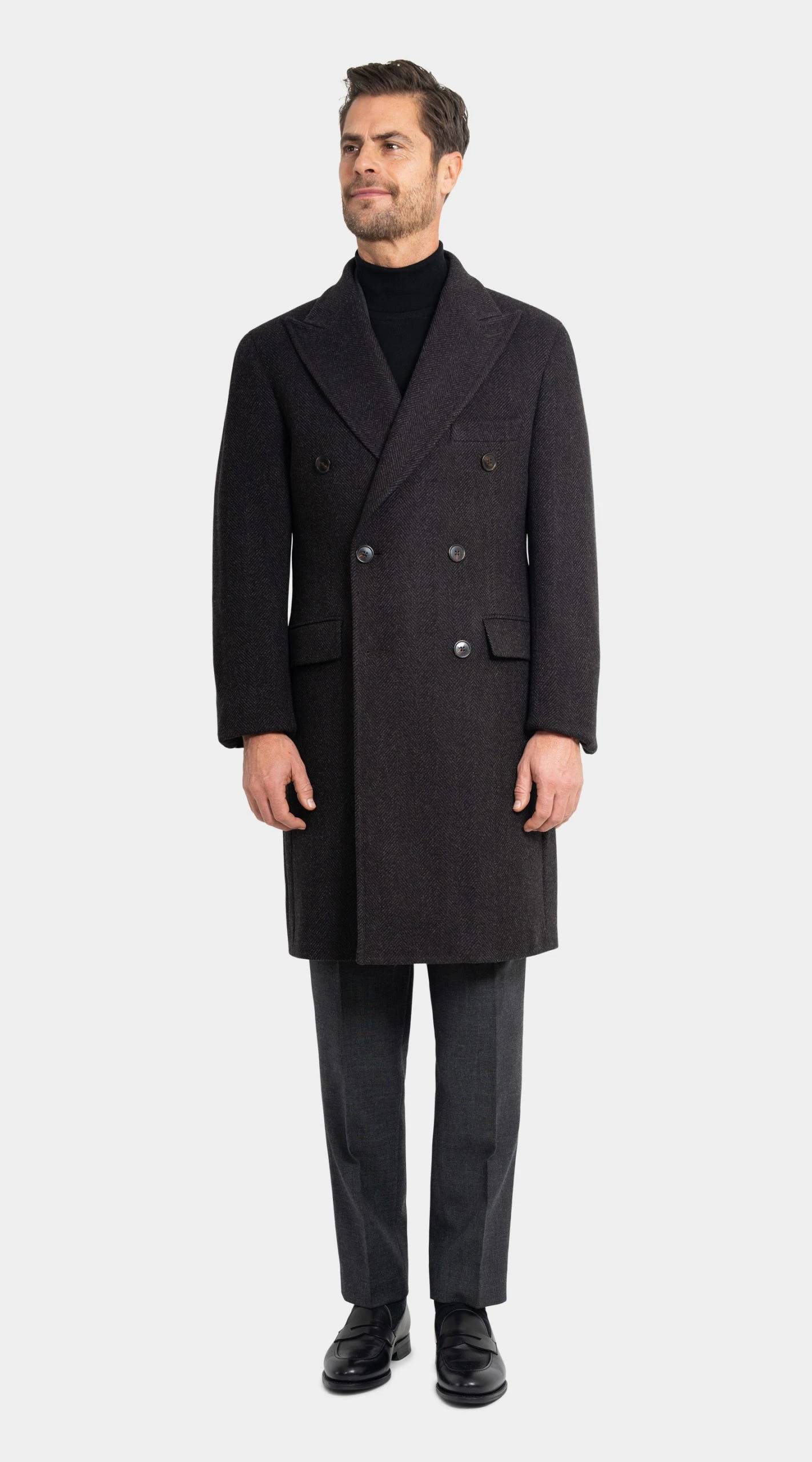 men's Brown Wool and Cashmere Herringbone Overcoat
