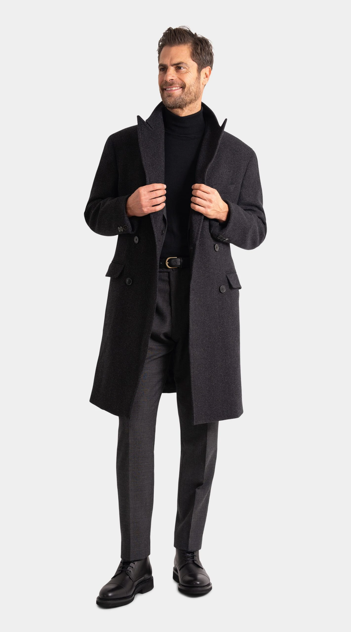 mond custom Charcoal Wool and Cashmere Herringbone Overcoat