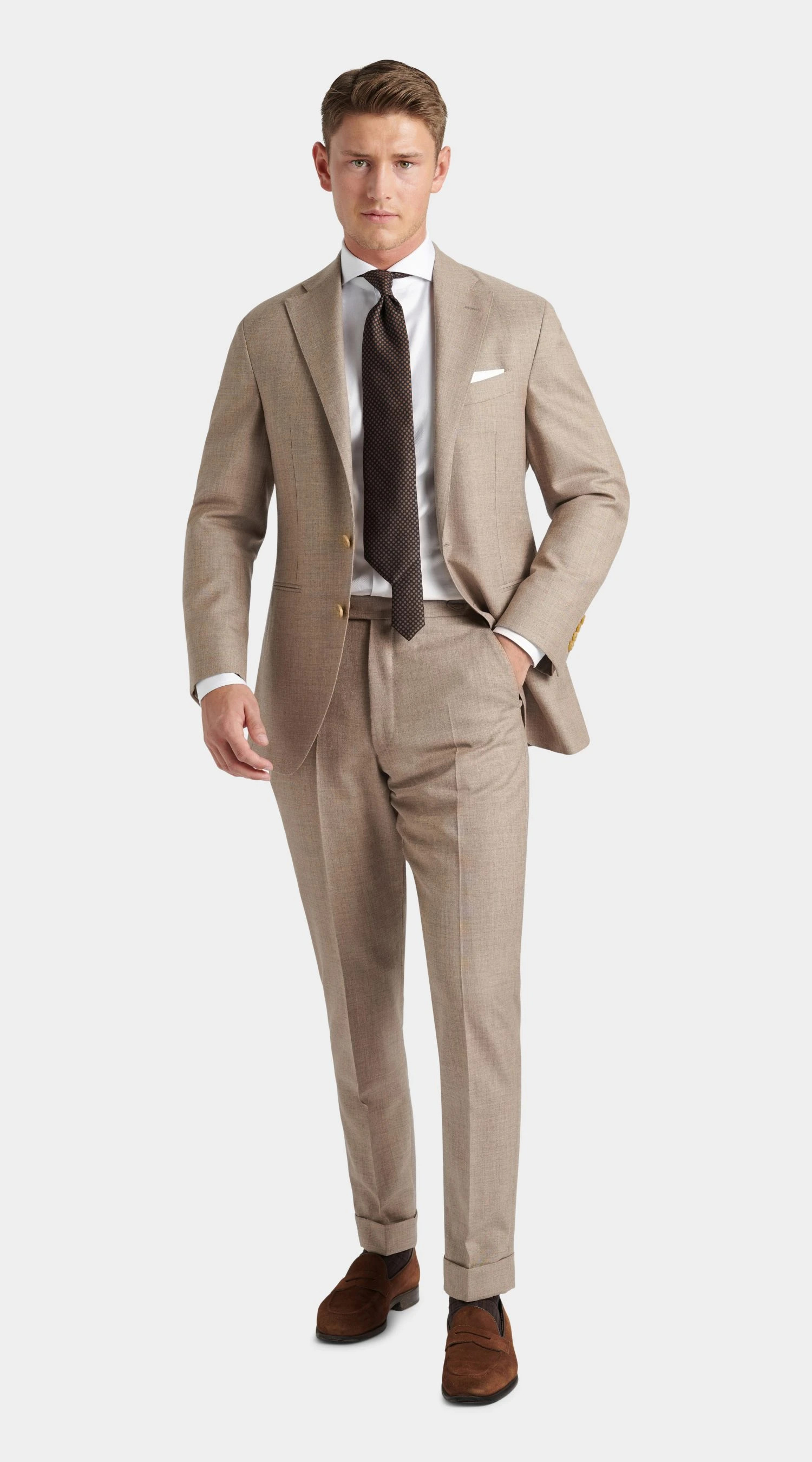 NEW beige / tan suit in twistair fabric, with brown tie