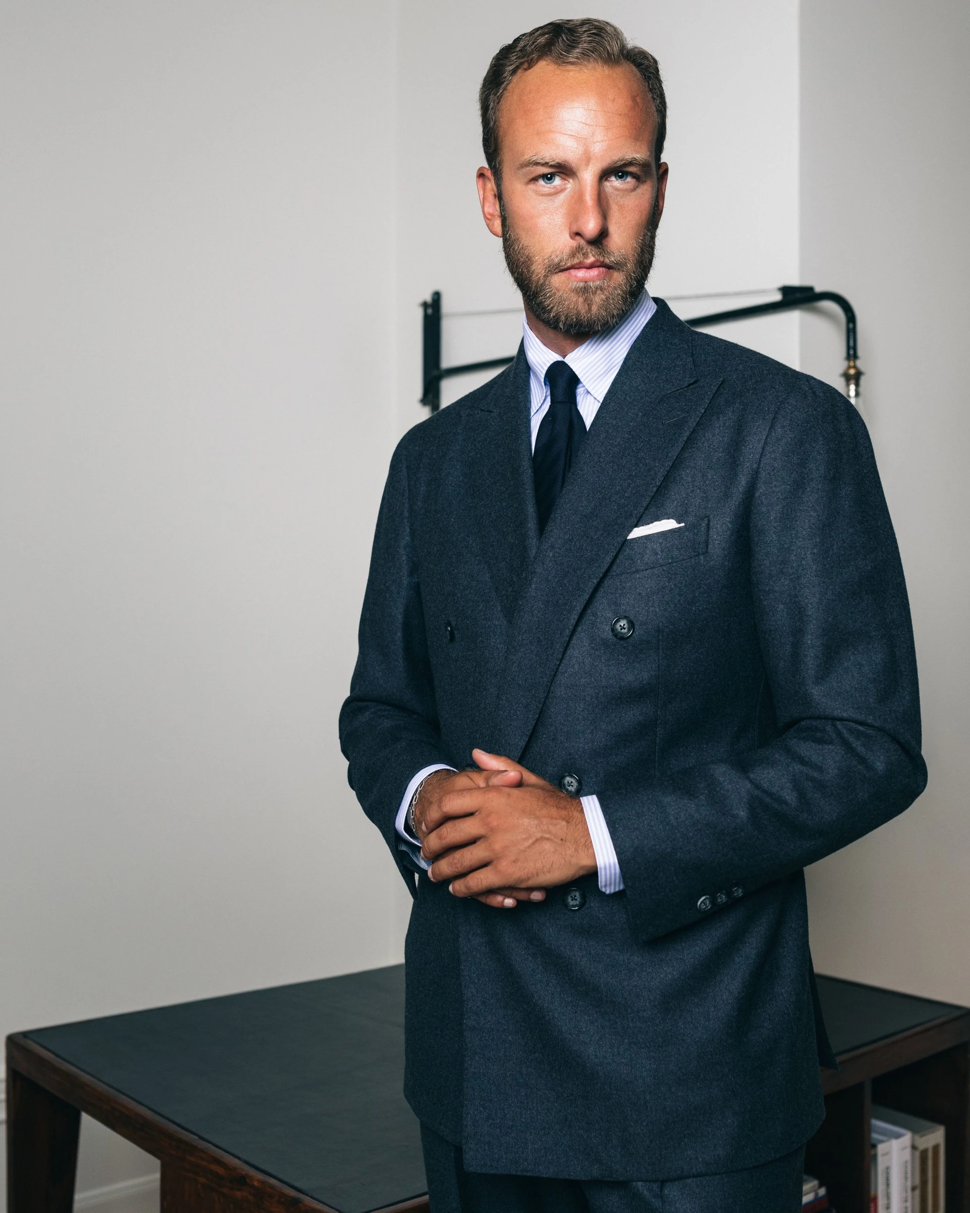 charcoal grey flannel suit, work by Andreas Weinas and made by mond of copenhagen