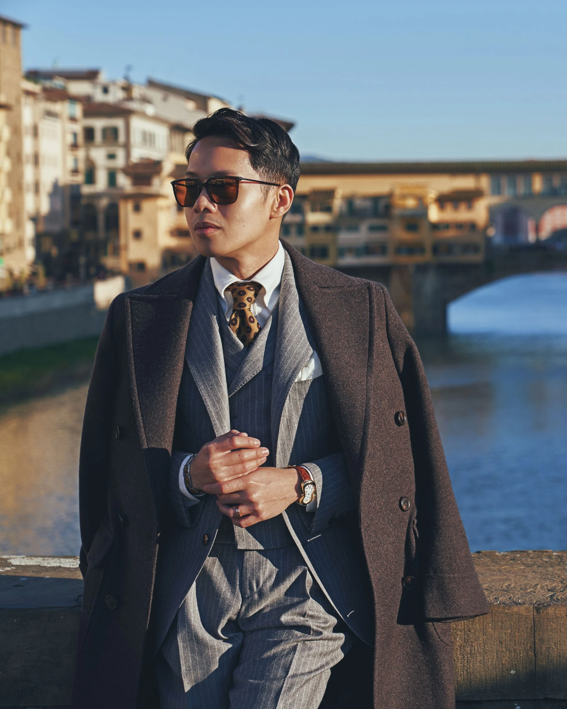 dresden ramos at pitti uomo 105, wearing a three piece pinstripe flannel suit made by mond of copenhagen