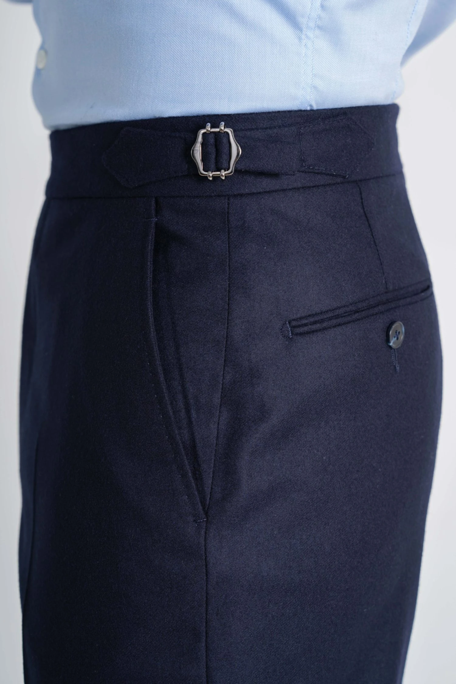 navy heavy flannel trousers with side adjusters