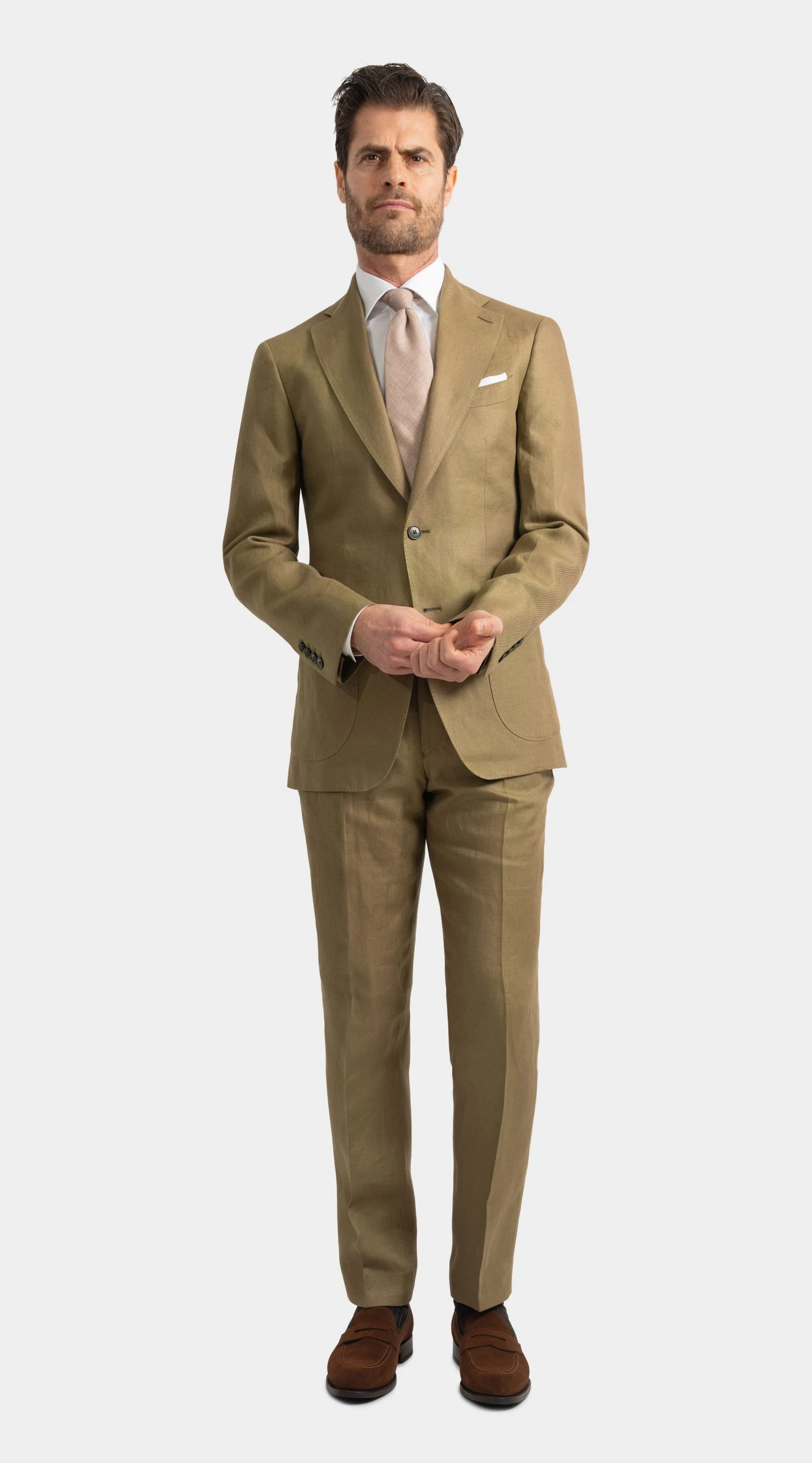 custom made khaki linen suit by mond