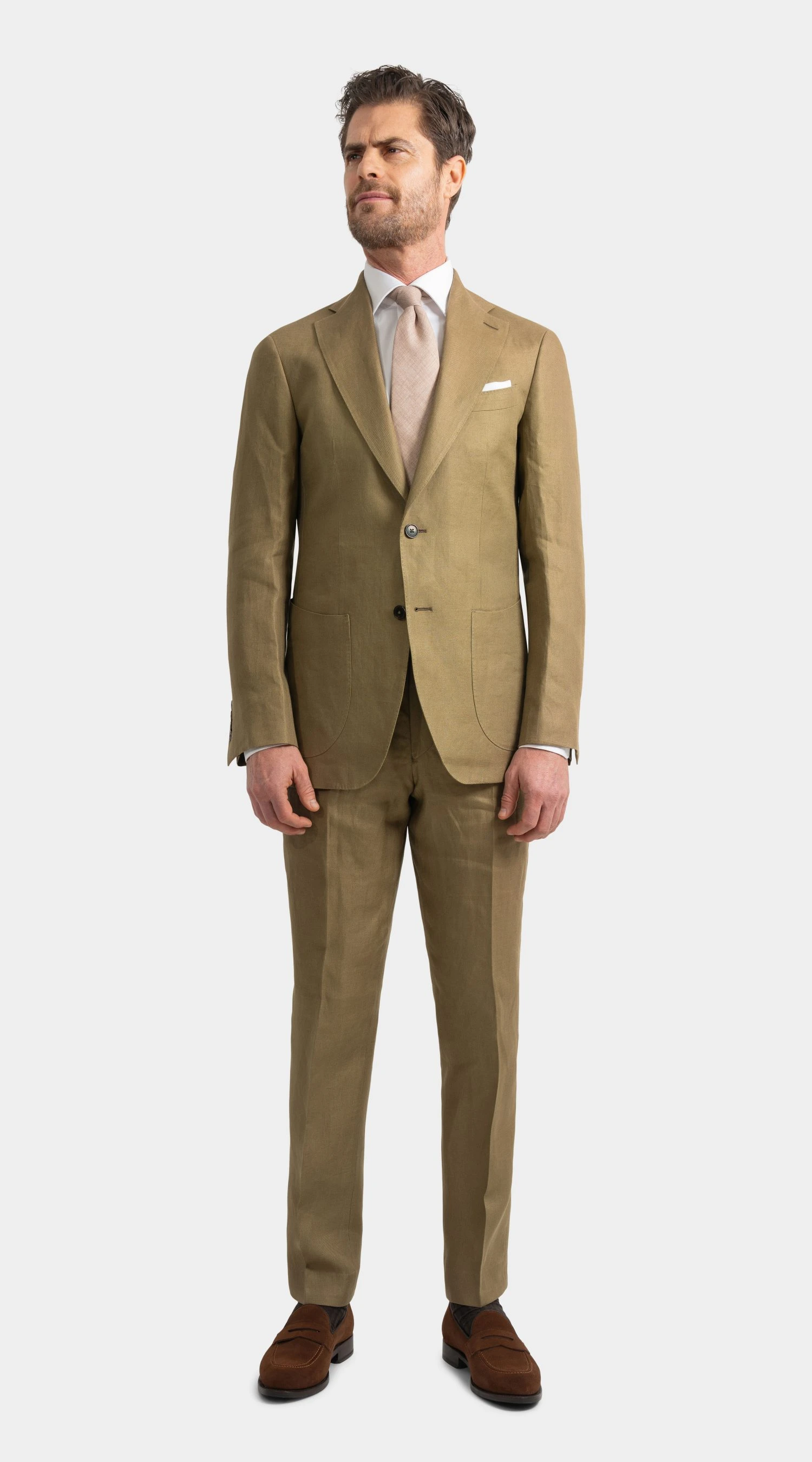 khaki linen suit, custom made by mond